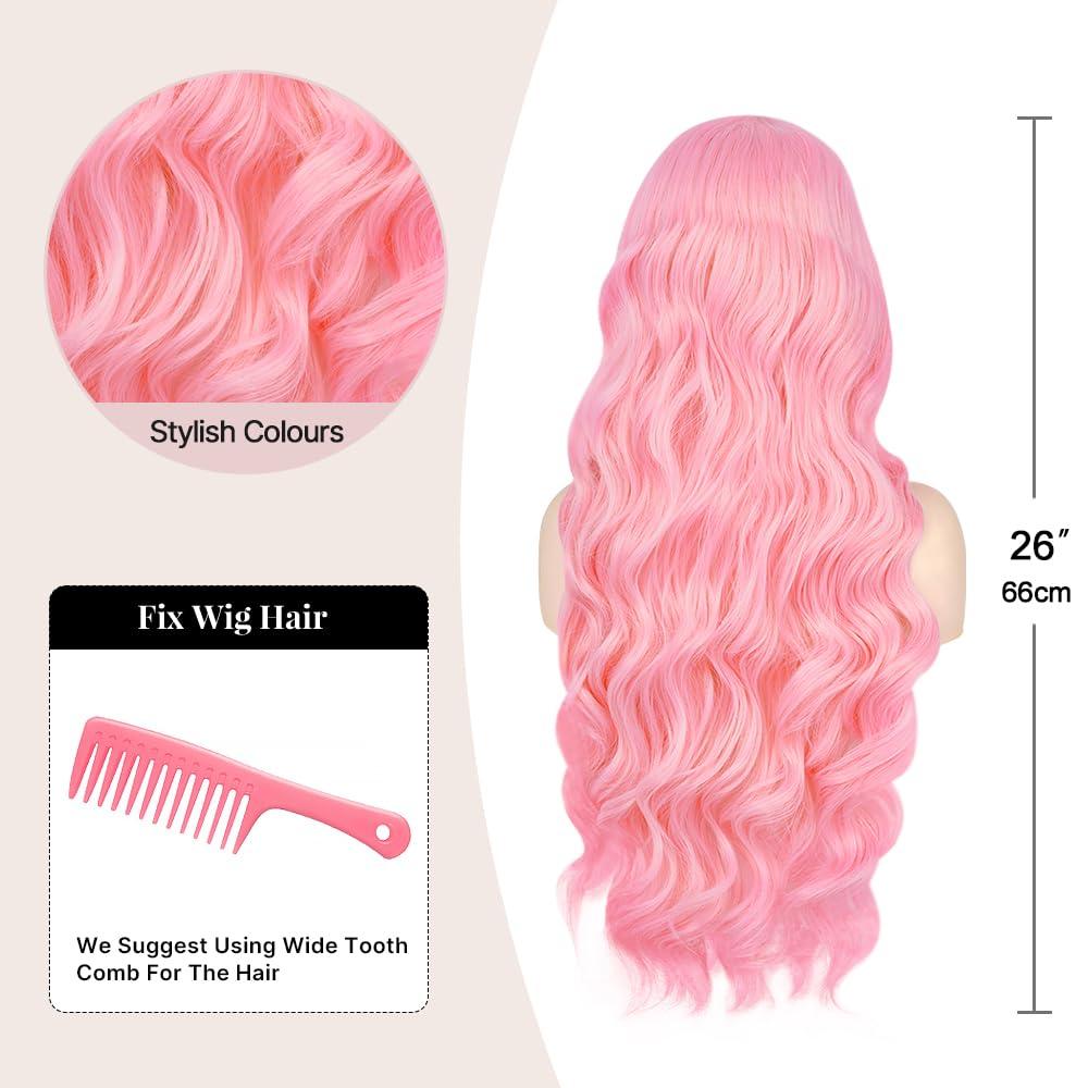 Ninroc Ninroc Pink Wigs For Women, Long Wavy Pastel Pink Wig Middle Part Natural Looking Heat Resistant Synthetic Wig for Daily Party Use 26 inches