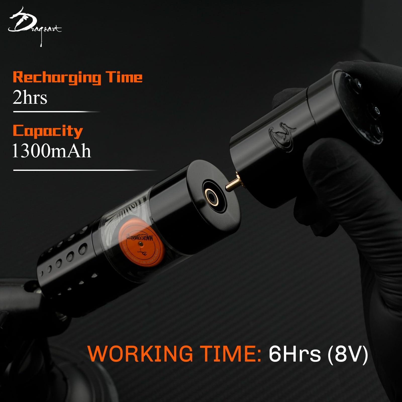 Dragoart Dragoart Tattoo Gun Wireless Tattoo Machine Brushless Motor 10800Rpm, 0-4mm Needle Depth Aluminium Alloy Frame Direct Drive System LED Display, Rotary Tattoo Gun 1300mAh for 6hrs Tattooing (Silver)