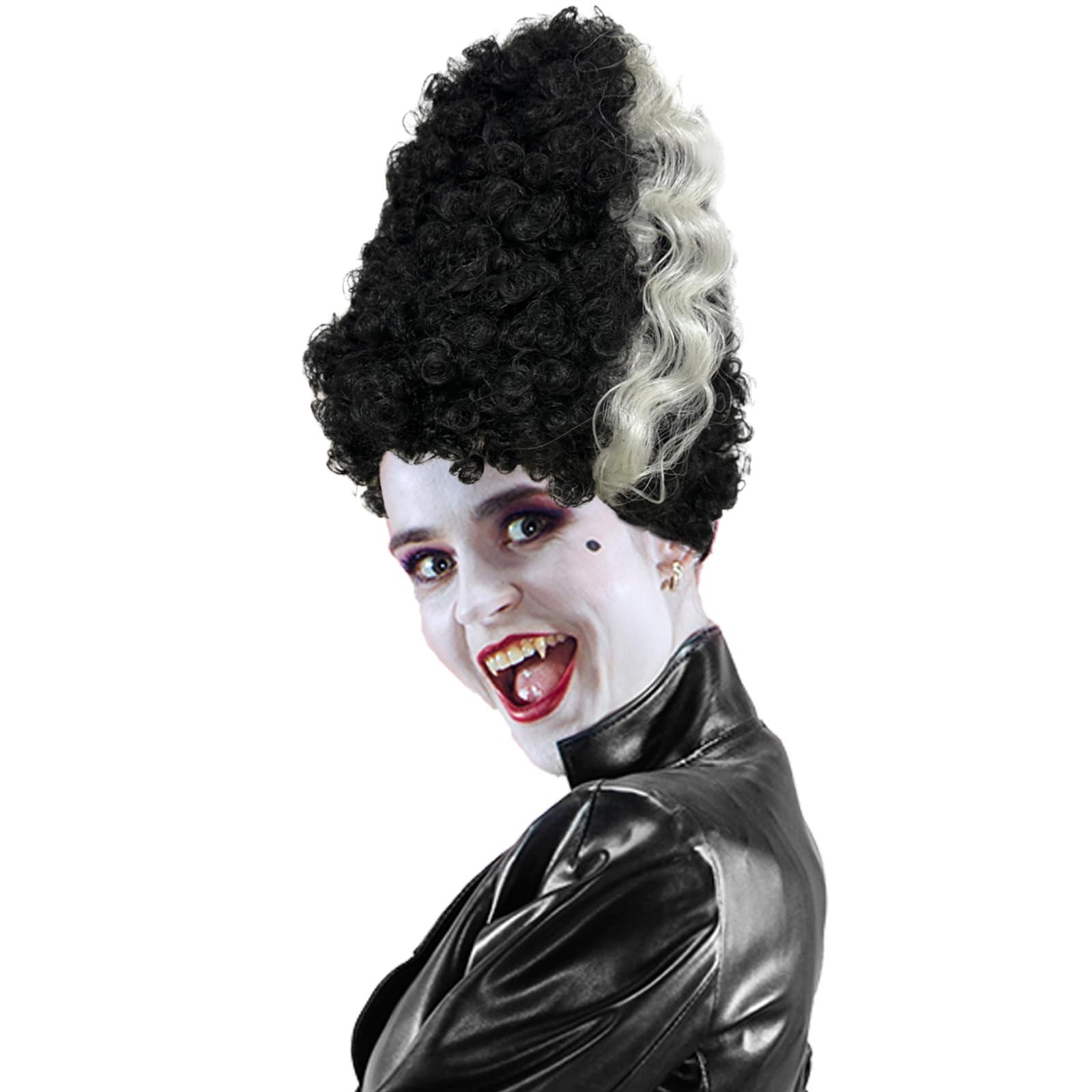 Luvfamday Luvfamday Long Black Curly Wig with White Streaks Goth Bride Wig Top Hat Two Tone Wig Halloween Cosplay Costume Wigs Women Men