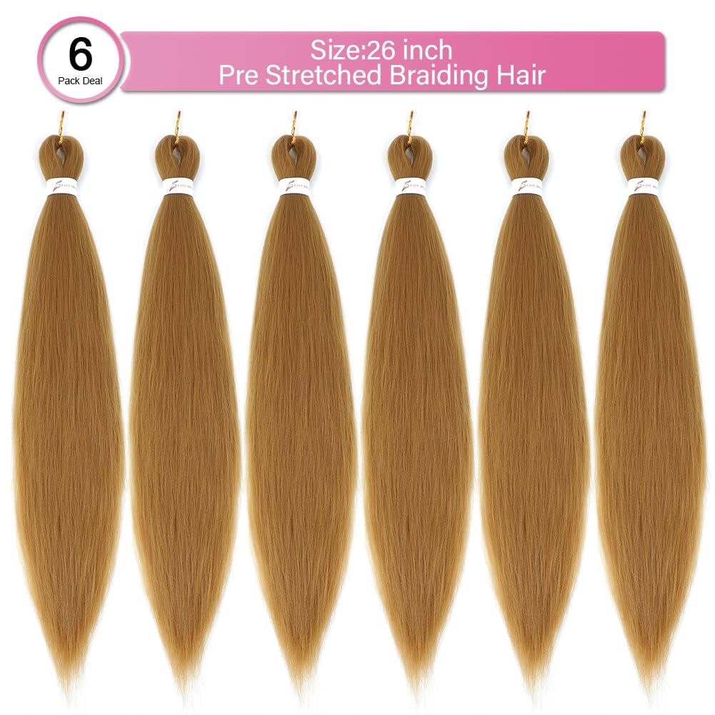 Betufllo 27 Honey Blonde Braiding Hair Pre Stretched Braiding Hair Extensions 26 Inch color 27 braiding hair Professional Synthetic Prestretched Crochet Braids Hair Extension Yaki Texture(27#6 packs)