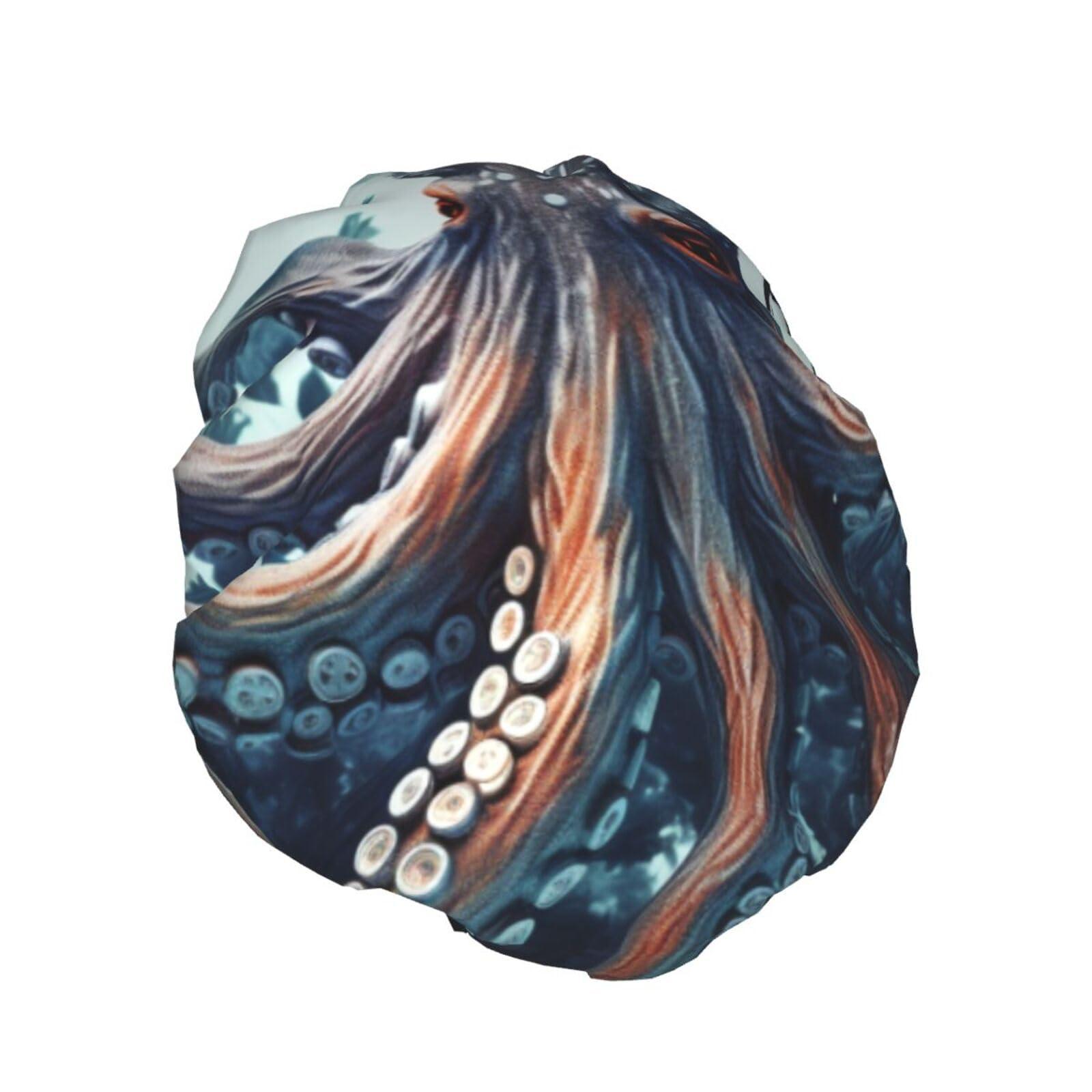 WSOIHFEC Cool Octopus Printed Shower Cap for Women Waterproof Bath Caps Reusable Double Layered Shower Hat Bathing Shower Caps for Men Ladies Spa Salon