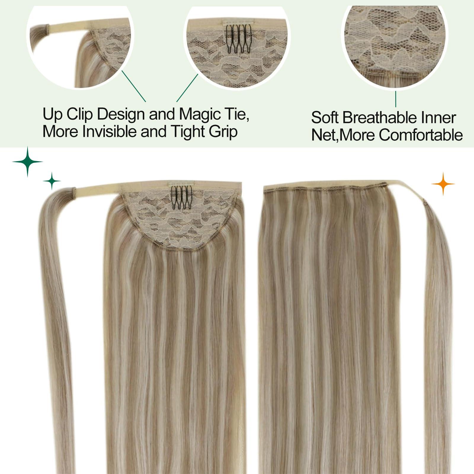 Easyouth Easyouth Blonde Ponytail Extensions Human Hair Natural Pony Tails Hair Extensions Ash Blonde Highlighted Bleach Blonde Hair Extensions Ponytail Blonde 20Inch 80g #18P613