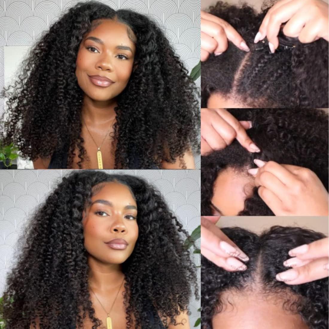Lealife 18 Inch V Part Wig Human Hair Curly,V Part KinkyCurly Wig for Women,Glueless No Leave Out No Sew in Upgrade U Part Full Head Clip in Natural Black 12A Human Hair 200% Density