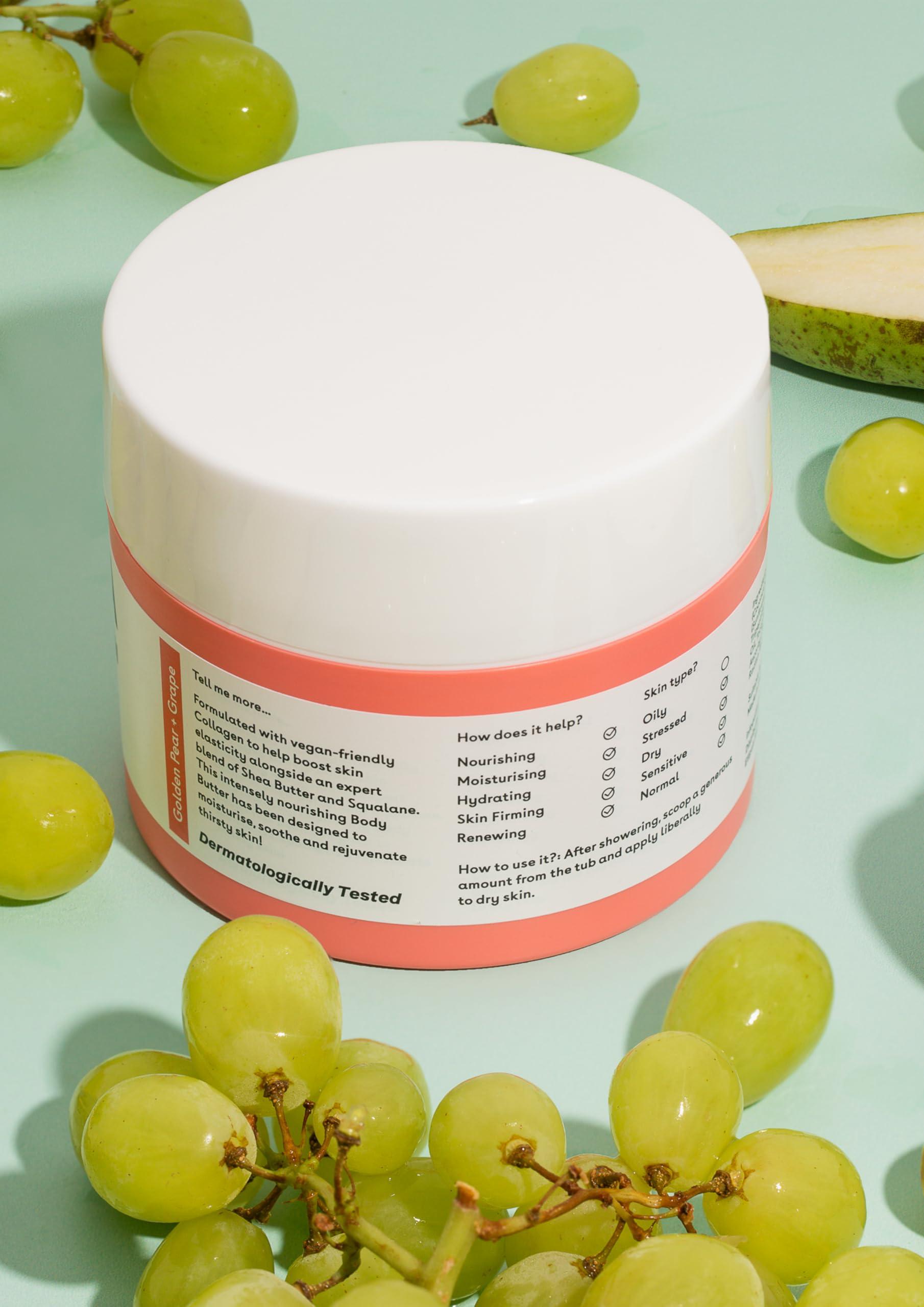 Q+A Q+A Collagen Body Butter: Luxuriously Rich, Intensely Moisturising Vegan Formula with Hydrolysed Vegetable Protein, Shea Butter, Squalane, and Golden Pear and Grape Scent for Soft, Supple Skin, 200ml