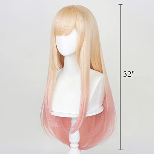LABEAUTÉ LABEAUTÉ Long Blonde Pink Wig for Girls Women Cosplay Wig Anime Straight Hair with Bangs for Halloween Party with Cap (Ombre Blonde Pink)