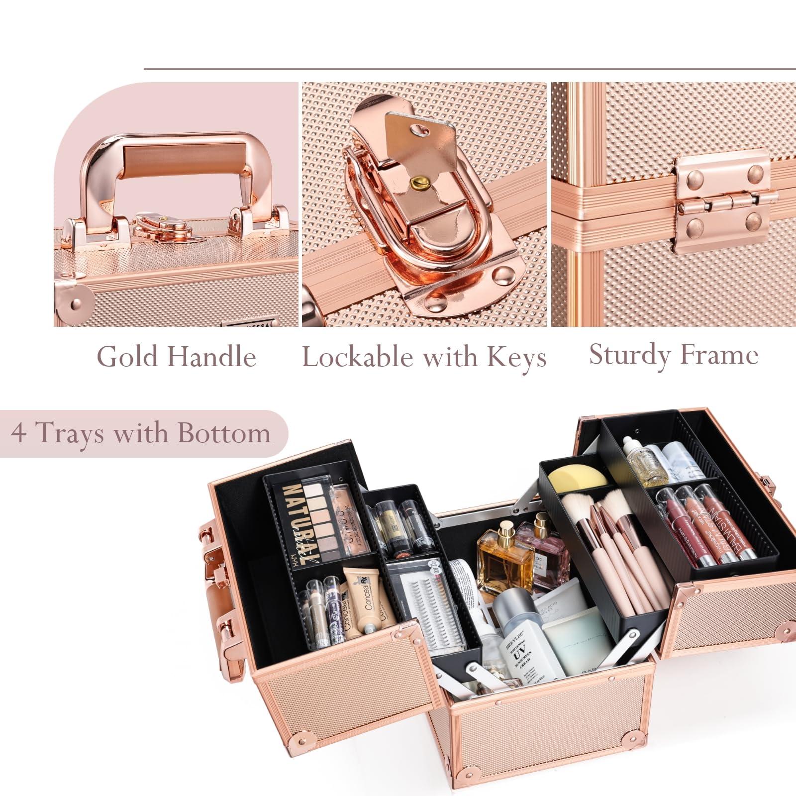 FRENESSA FRENESSA Makeup Train Case Makeup Case Travel Cosmetic Box Organizer Portable Make Up Box with Dividers Lockable for Artist Nail Sewing Vanity Storage Makeup Travel Case Rose Gold