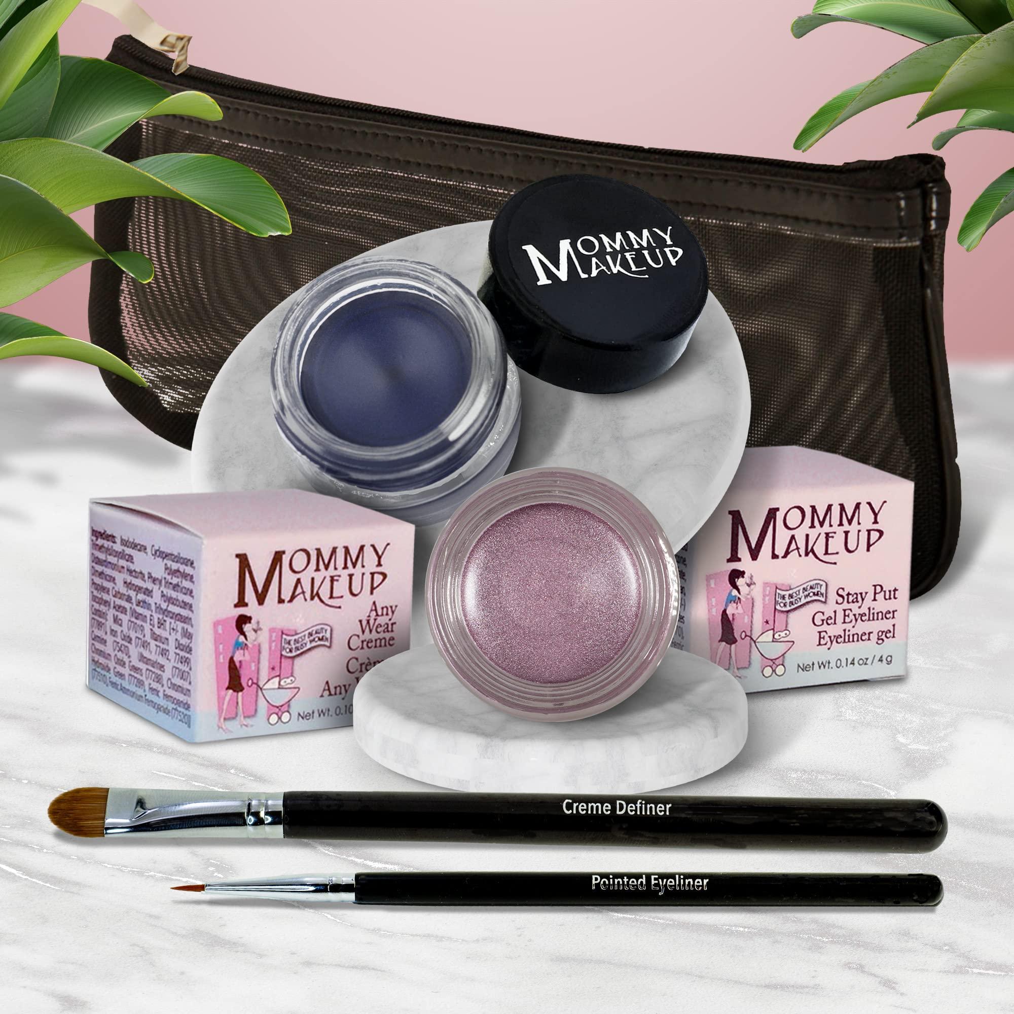 Mommy Makeup The Everlasting Eye 5 Piece Waterproof Makeup Set. Gel Eyeliner, Creme Eyeshadow, 2 brushes and Mesh Bag. Paraben-free, Talc-free, Cruelty-free. Elsa/Blue Angel 1112