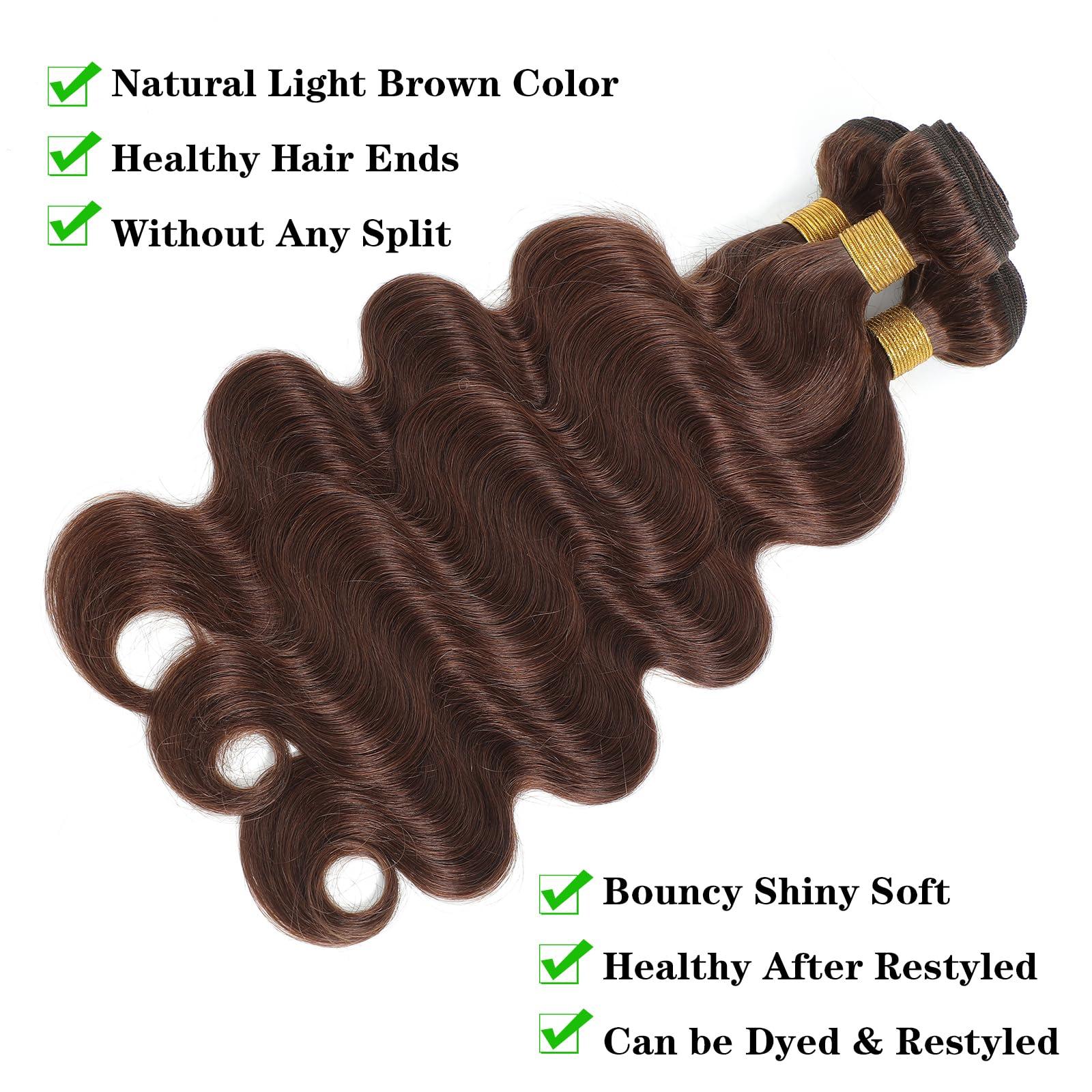Kapelli Hair Kapelli Hair Brazilian Body Wave Bundles with Closure (12 14 16+12) 10A Light Brown Body Wave Human Hair Bundles with Lace Closure Brazilian Virgin Hair 3 Bundles with Lace Closure with Baby Hair