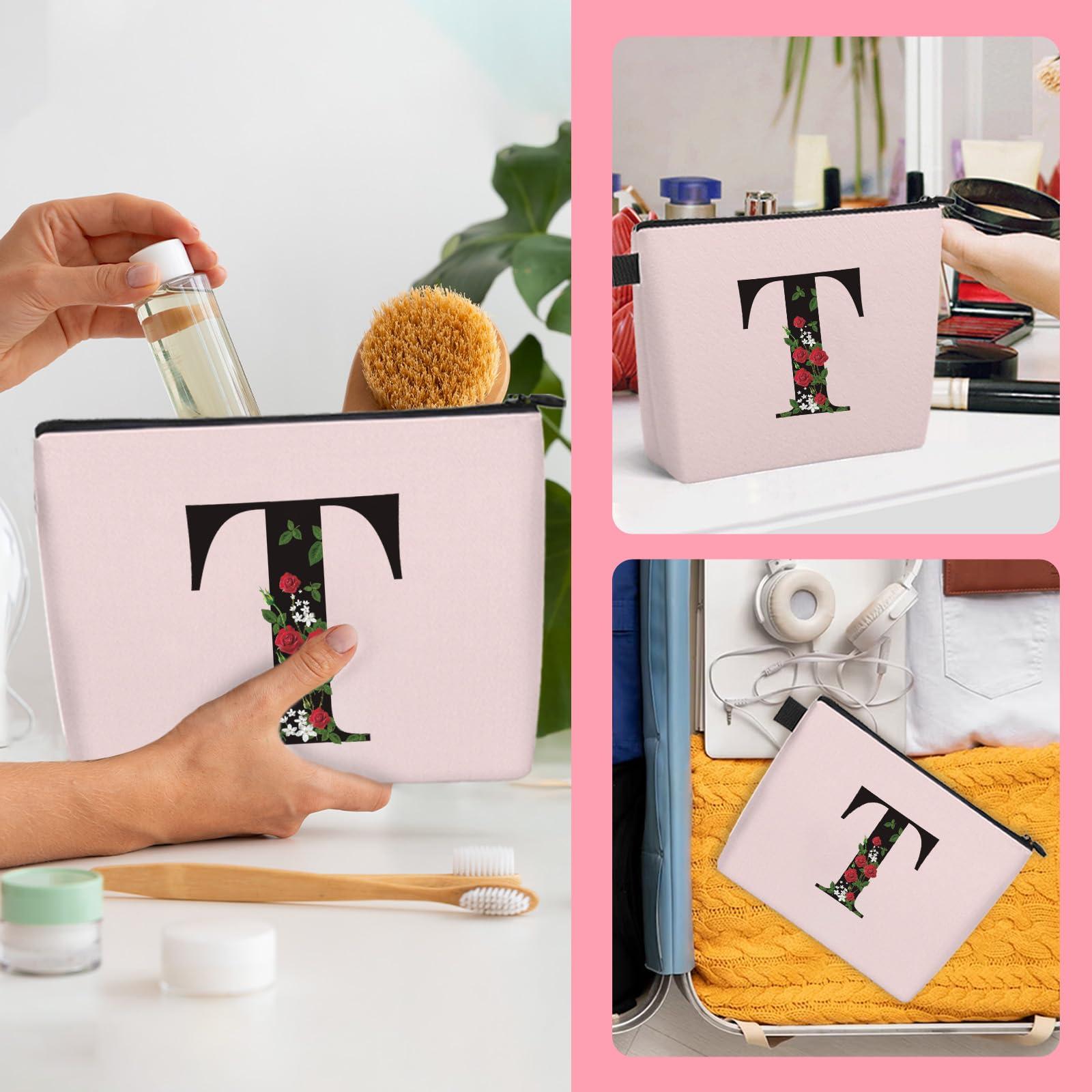YESMET Personalized Makeup Bag, Initial Letter T Makeup Bag for Women Girl Christmas Gift Monogram Cosmetic Bag Pink Personalized Toiletry Pouch, For Mom Grandma Sister Friends Thanksgiving Christmas Gift