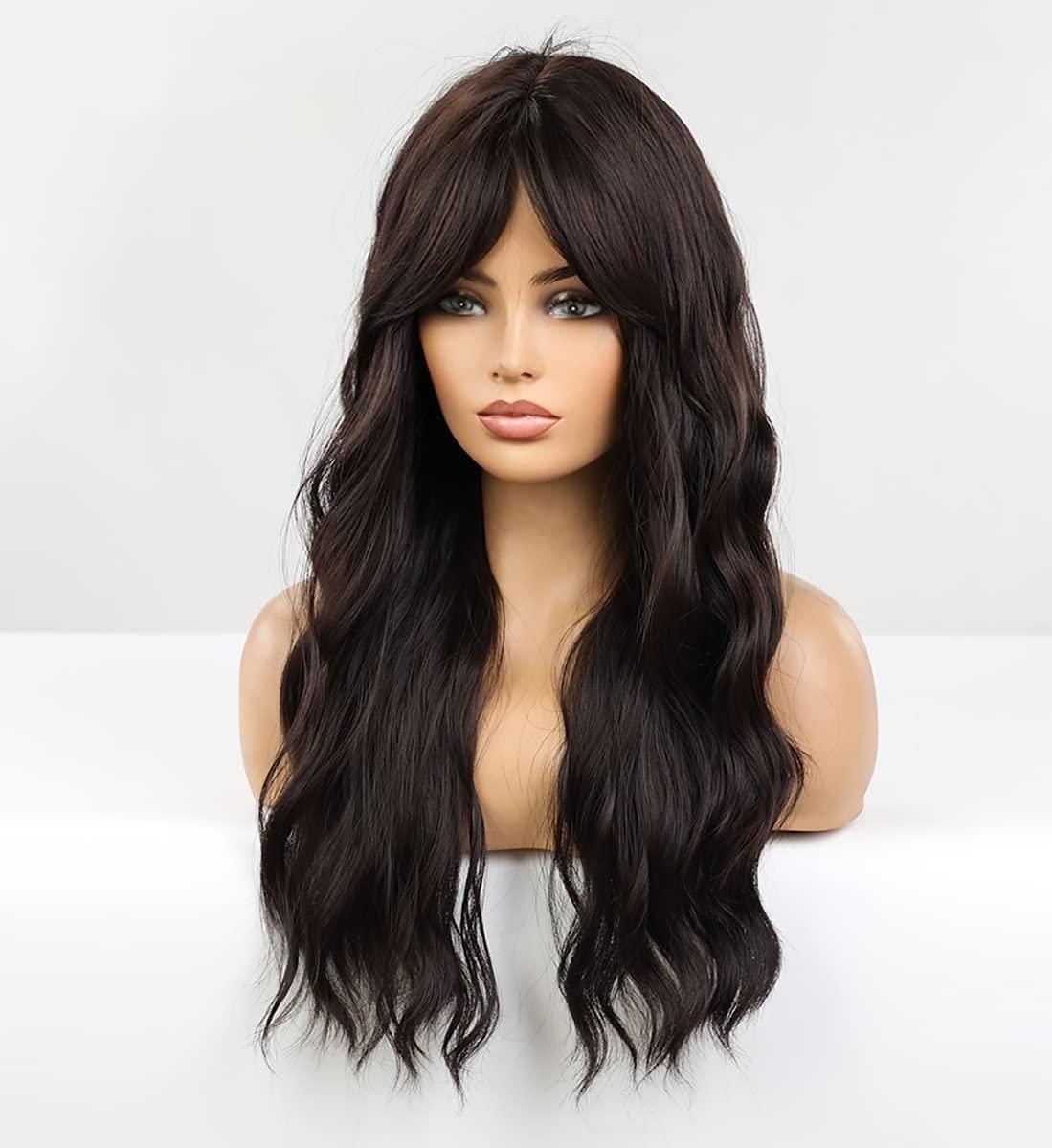 LANOVA LANOVA Dark Brown Wig with Side Bangs Synthetic Wigs for Women Chocolate Brown Long Curly Wig with Bangs 22 inch LANOVA-209