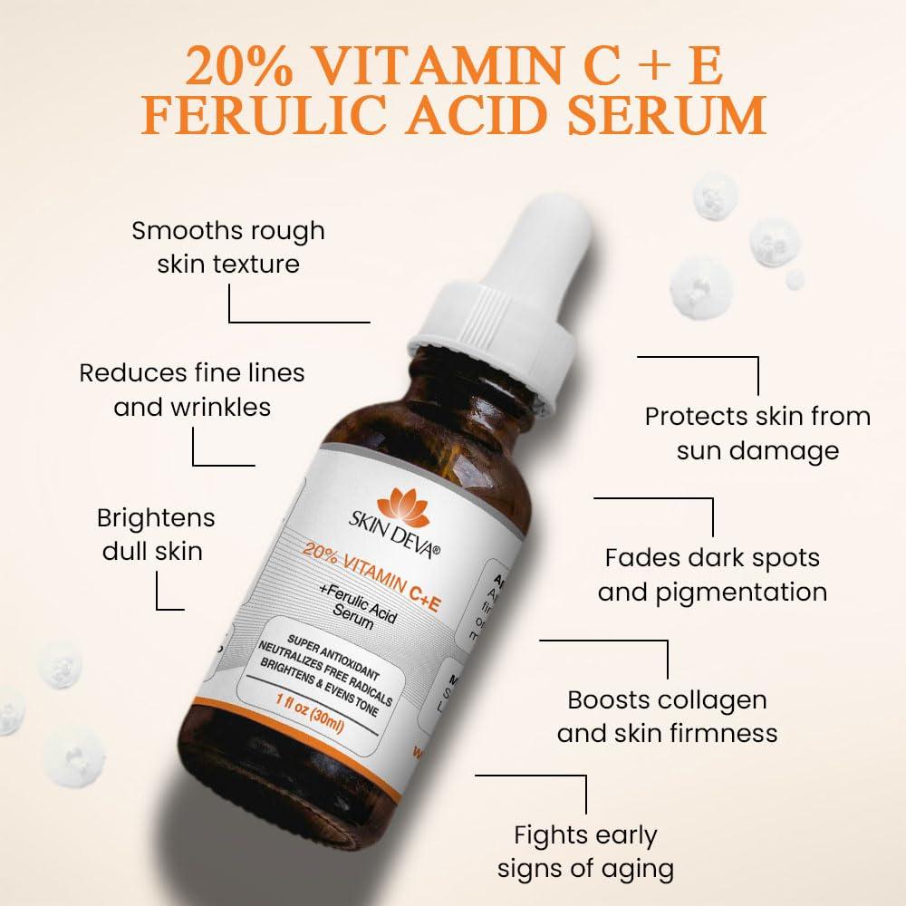 SKIN DEVA SKIN DEVA 20% Vitamin C Serum for Face with Vitamin E Plus Ferulic Acid Skincare Serum 1 fl oz 30 ML Rejuvenates Skin to Fresh & Neutralizes Free Radicals to Brighten Even Vitamin Serum