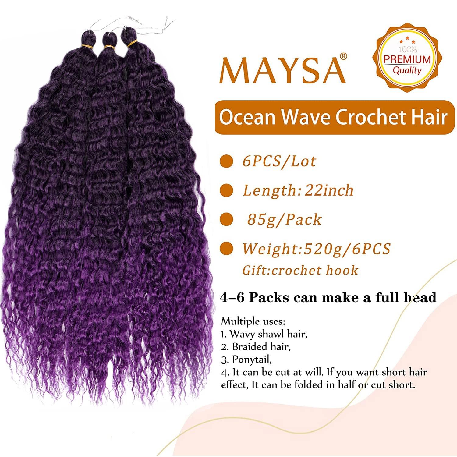 MAYSA MAYSA Purple Ocean Wave Crochet Hair 22inch Black Mix Purple Ombre Deep Wave Crochet Hair 6Packs Synthetic Curly Crochet Hair #1BT Purple