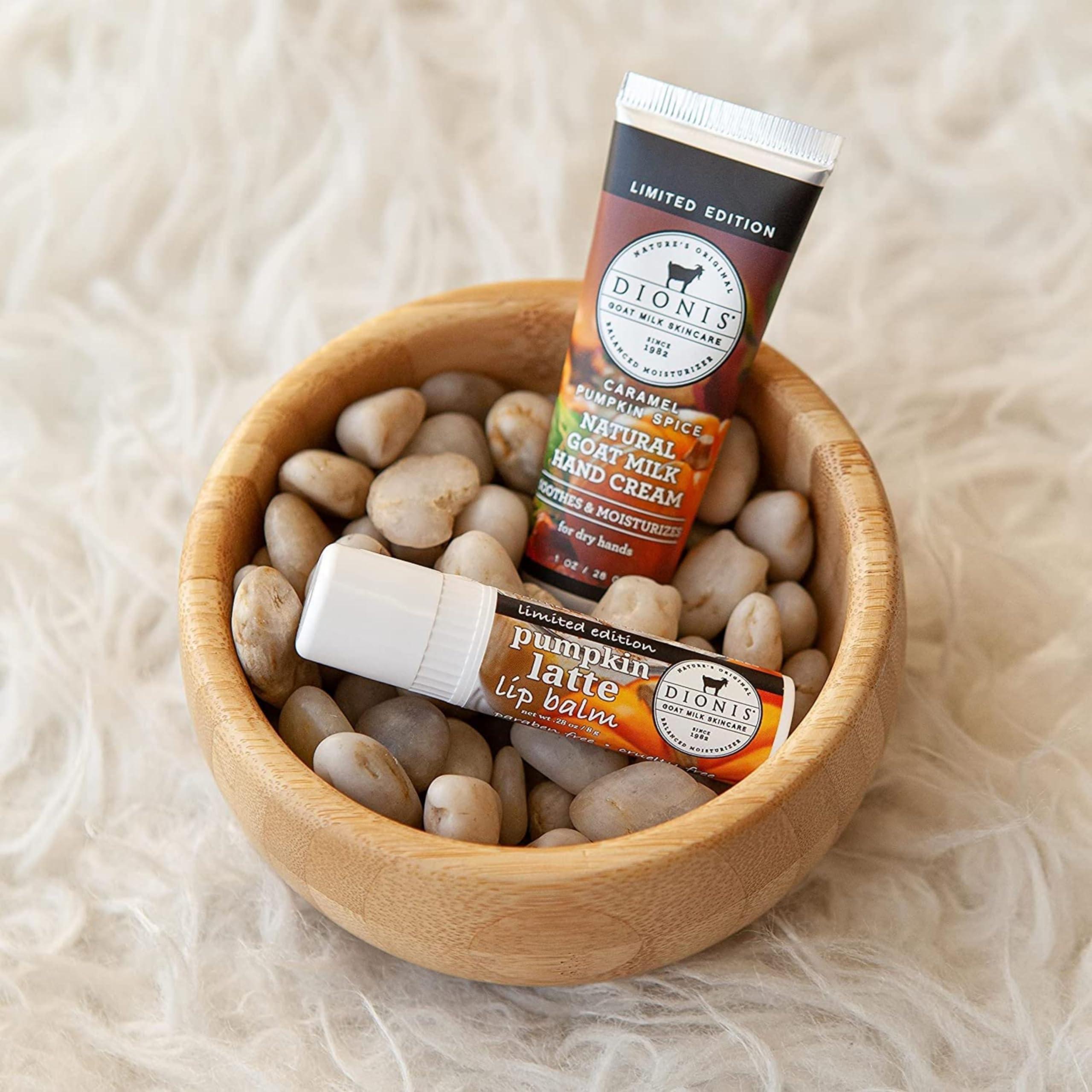 Dionis Dionis Goat Milk Skincare Caramel Pumpkin Spice Scented Hand Cream & Lip Balm Set (1 oz and .28 oz) - Safe For Sensitive Skin, Soothes Chapped Lips and Dry Skin, Cruelty-free and Paraben-free