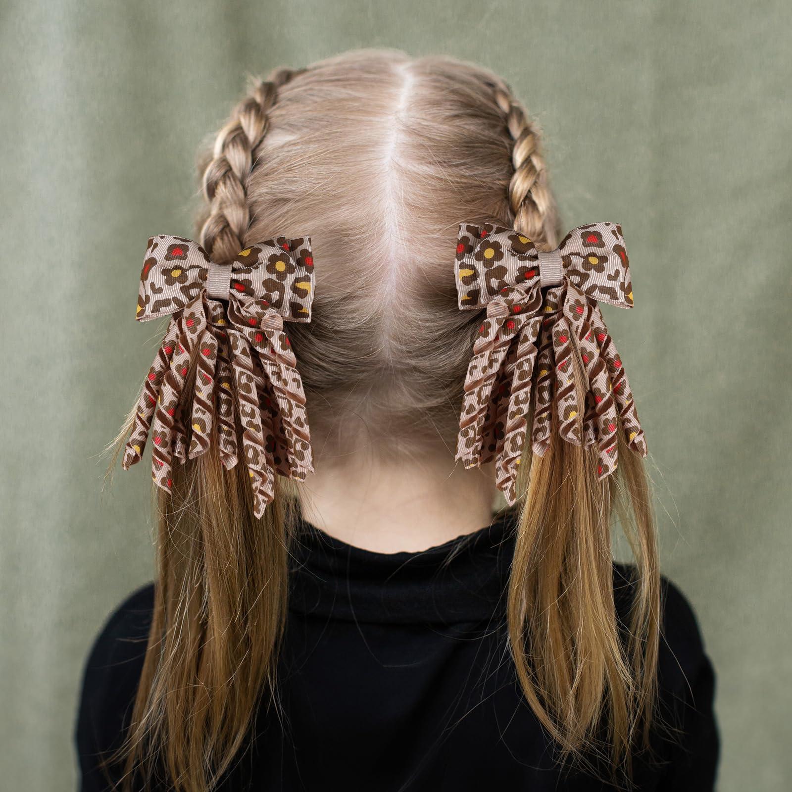 melyde Curly Ribbon Hair Bow Clips Handmade Hair Ribbon Bows 3.14 Inch Girls Cheer Hair Accessories for Christmas Birthday School, Leopard