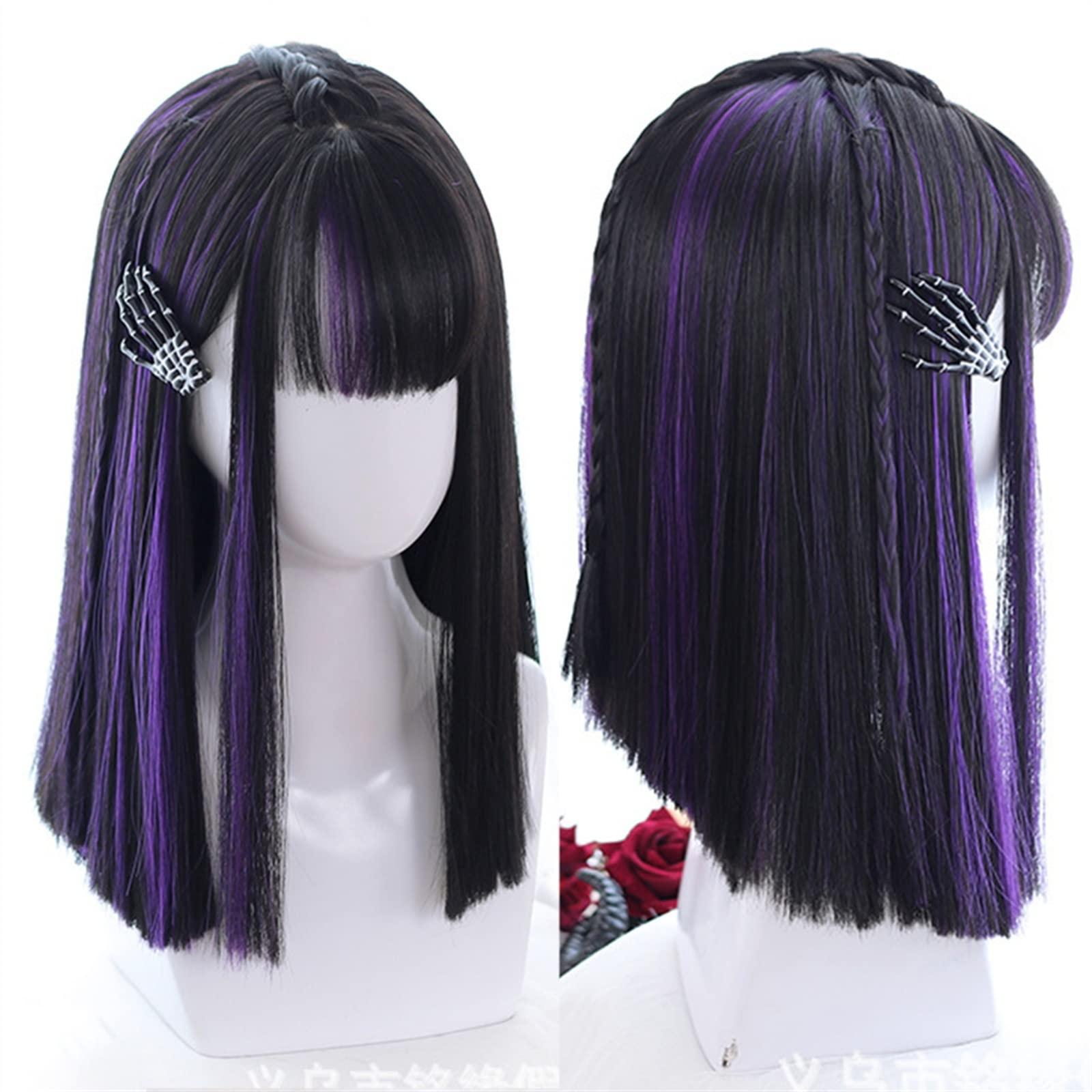 GRFIT Wigs Medium Length Straight Hair Wig with Bangs, Synthetic Purple Highlights Black Bangs Wig Natural Looking Daily Cosplay Party Wig for Women Girls Lace Wigs