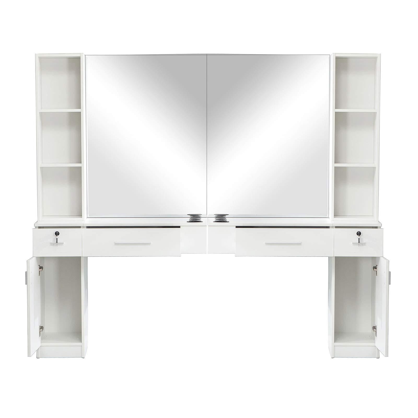 BarberPub BarberPub Wall Mount Barber Station with 6 Hair Dryer Holders Salon Hair Styling with Mirror Dressing Table Beauty Salon Spa Equipment Set 3026+3036 (White)