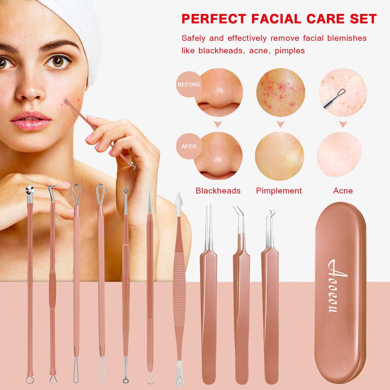 Aooeou 10 PCS Blackhead Remover Tool Kit, Aooeou Professional Stainless Steel Pimple Popper Tool Easy Removal for Blemish, Whitehead Popping, Zit Removing for Nose Face (Rose Gold)
