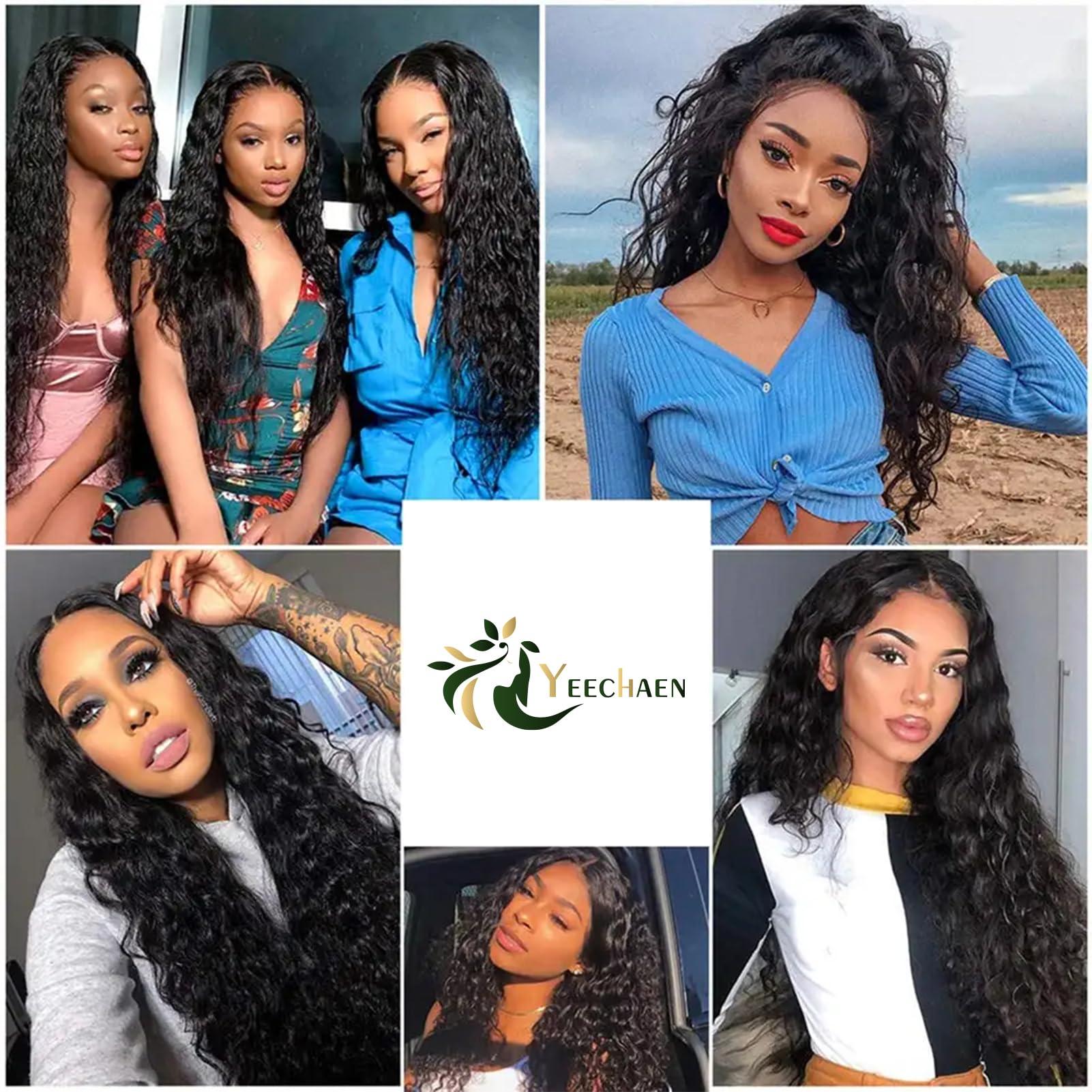 YEECHAEN YEECHAEN Water Wave Lace Front Wigs Human Hair 180% Density 13x4 HD Lace Frontal Wigs Pre Plucked with Baby Hair Wet and Wavy Curly Frontal Human Hair Wigs for Women Natural Color (16inch)