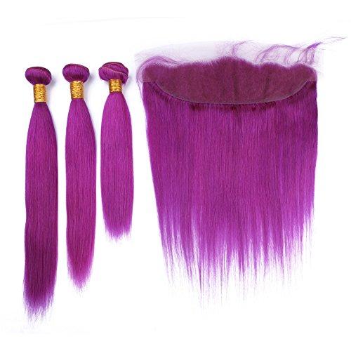 Generic New Color Purple Silky Straight Human Hair Weaves With Free Middle Three Part Frontal 13x4 Unprocessed 9A Ear To Ear Frontal With Hair Extensions 3Bundles 4Pcs/Lot (14 14 14+12 inch frontal)
