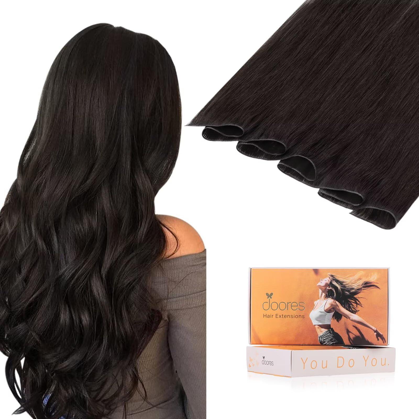 DOORES DOORES Sew in Hair Extensions Weft Hand Tied Hair Extensions, 18 Inch Dark Brown 50g, Sew in Hair Extensions Bundles