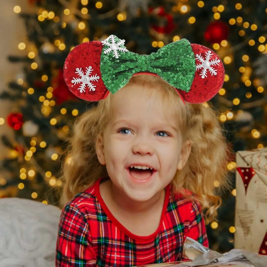 Tgirls Tgirls Christmas Mouse Ears Headband Shinny Bow Hair Hoop Snowflake Sequins Xmas Headbands for Women Girls Costume Party Birthday Hair Accressories (L)
