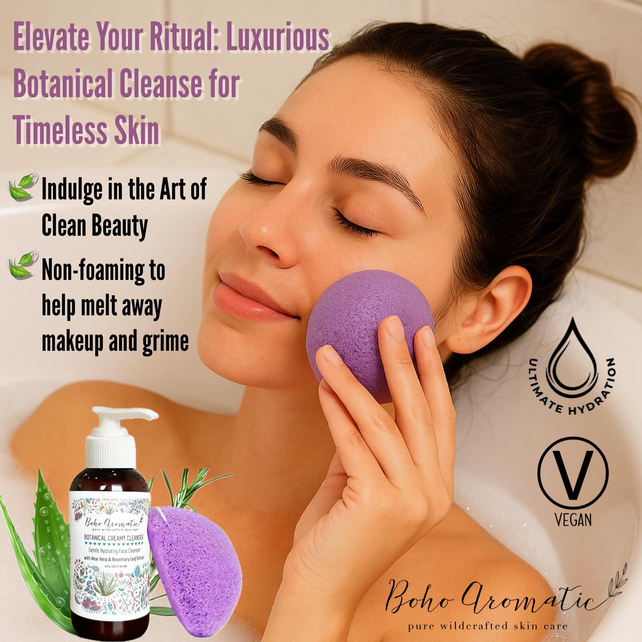 Boho Aromatic Boho Aromatic Botanical Cream Face Cleanser and Konjac Sponge, Gentle Non-Foaming Face Wash, Anti Aging Facial Cleanser, Natural & Organic, Daily Facial Cleanser, Facial Care Products