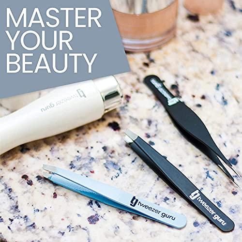 TWEEZER GURU Tweezer Guru Tweezers for Women - 2pc Slant Pointed Precision Tweezers for Eyebrows & Ingrown Hair Removal - Blackhead and Splinter Tweezer with Sharp Needle Nose Point for Plucking (Sky Blue)
