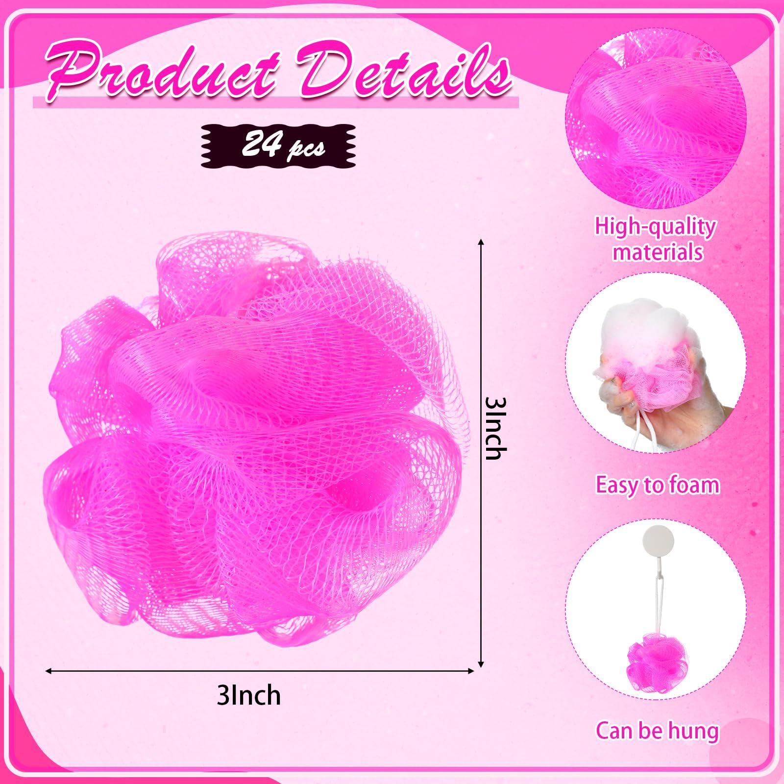 Shellwei Shellwei 24 Pcs 3 Inch Mini Loofah Travel Size Bulk Shower Sponge Pouf Mesh for Women Kids Men Exfoliating Body Scrubber Baby Shower Favor(Rose Red)