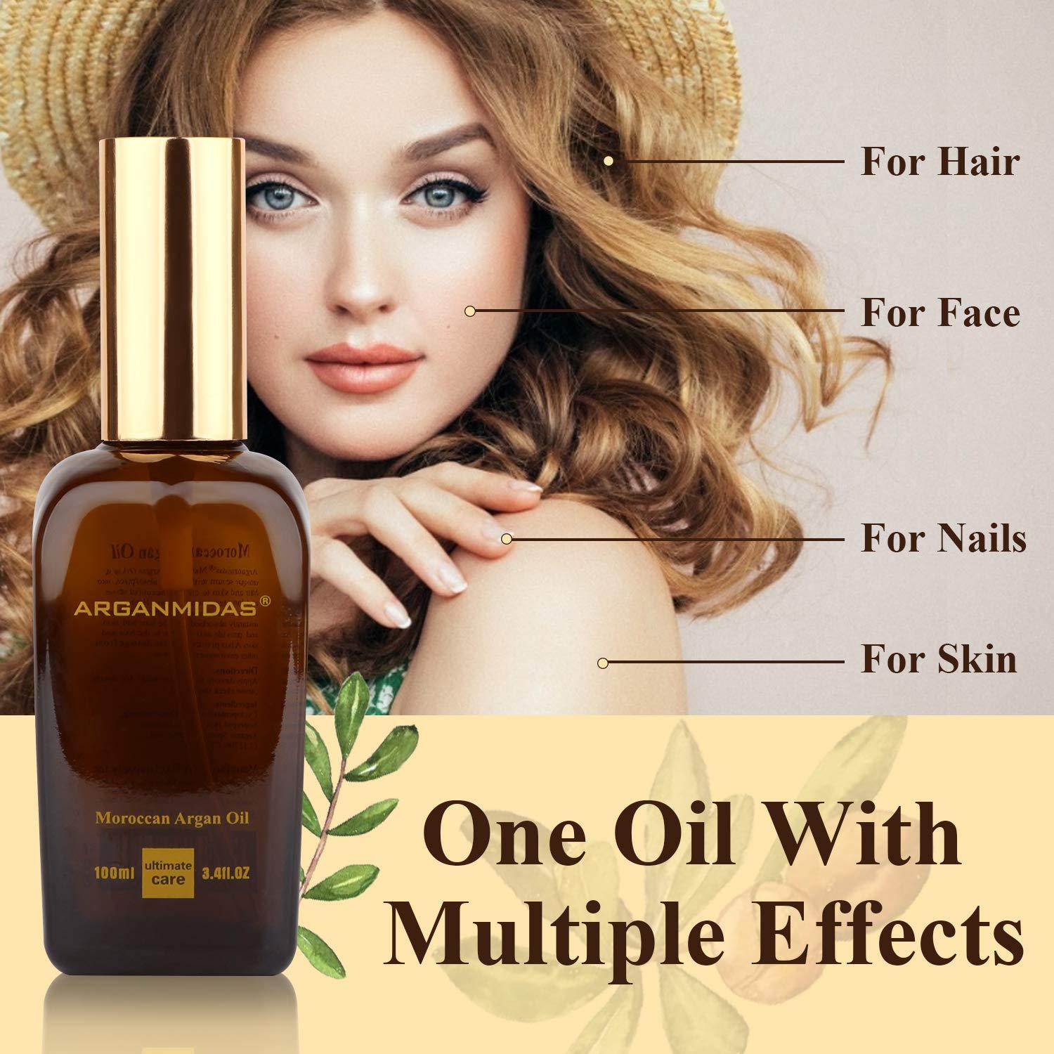 ARGANMIDAS ARGANMIDAS Hair Oils, Moroccan Argan Oil for Hair and Face Skin Moisturizer, Leave Hair Soft & Shiny, Hair Treatment oil for Men Women Dry Damaged Frizzy Hair, 3.4 Fl Oz