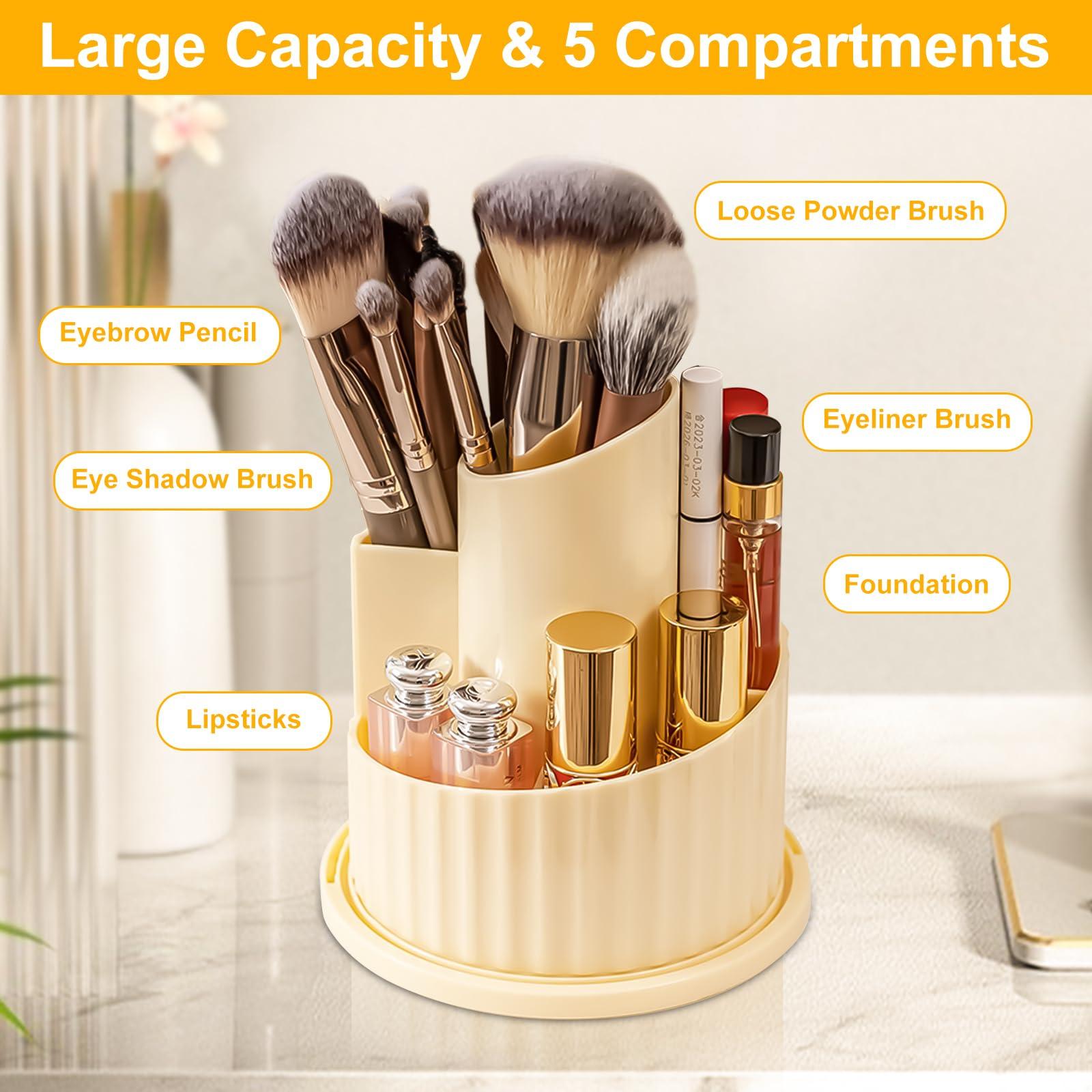 Segutage Makeup Brush Holder with Lid, 360 Rotating Makeup Brush Organizer with Cosmetic Bag Women Dustproof Cosmetics 5 Slots Makeup Brush Storage Cup for Vanity Desktop Bathroom Countertop (Cream White)
