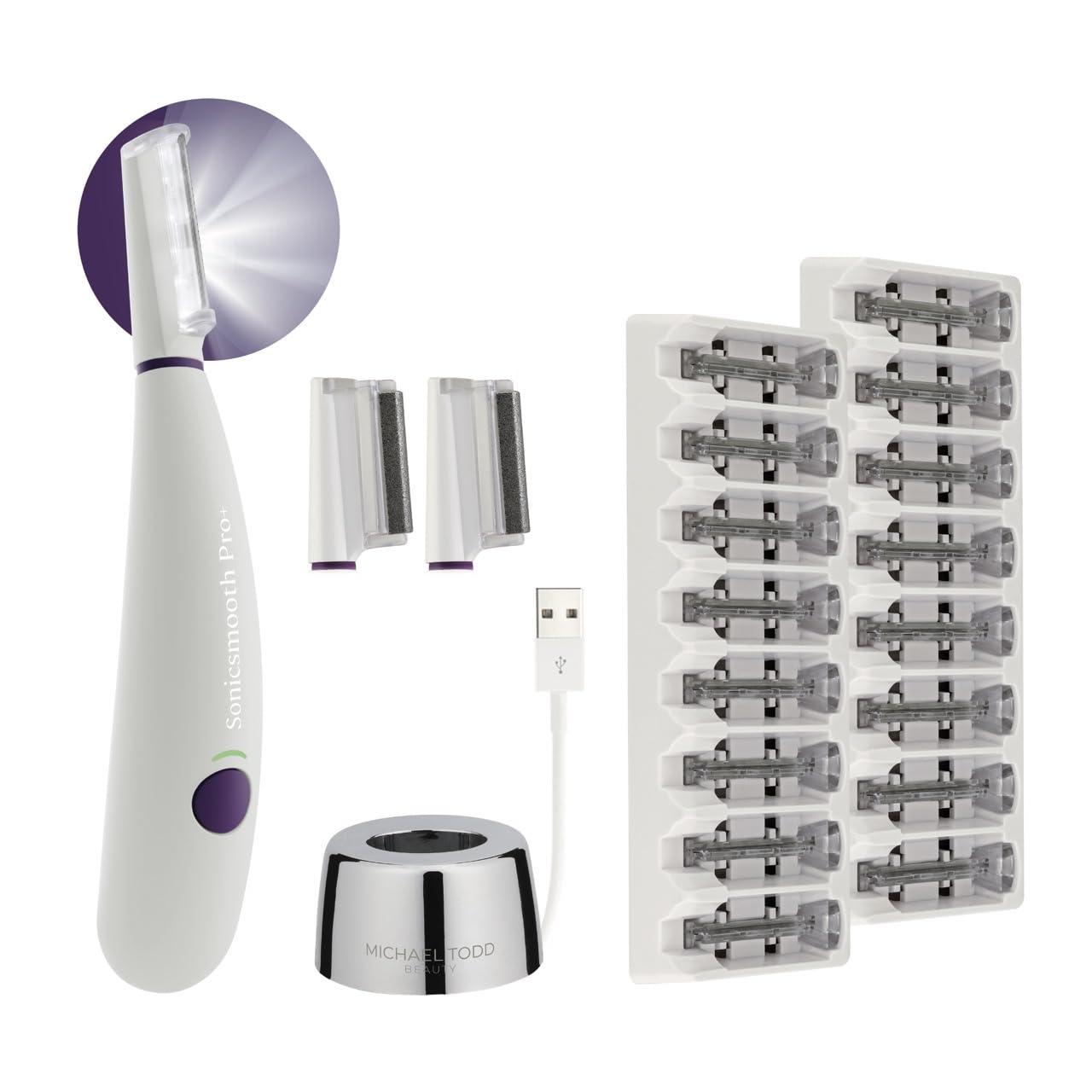 MICHAEL TODD Michael Todd Beauty - Sonicsmooth Pro+ Dermaplaning System with LED Light - 2 in 1 Women\'s Face Exfoliation & Peach Fuzz Hair Remover - 16 Dermaplaning Blades & 2 Microsmooth Microdermabrasion Tips