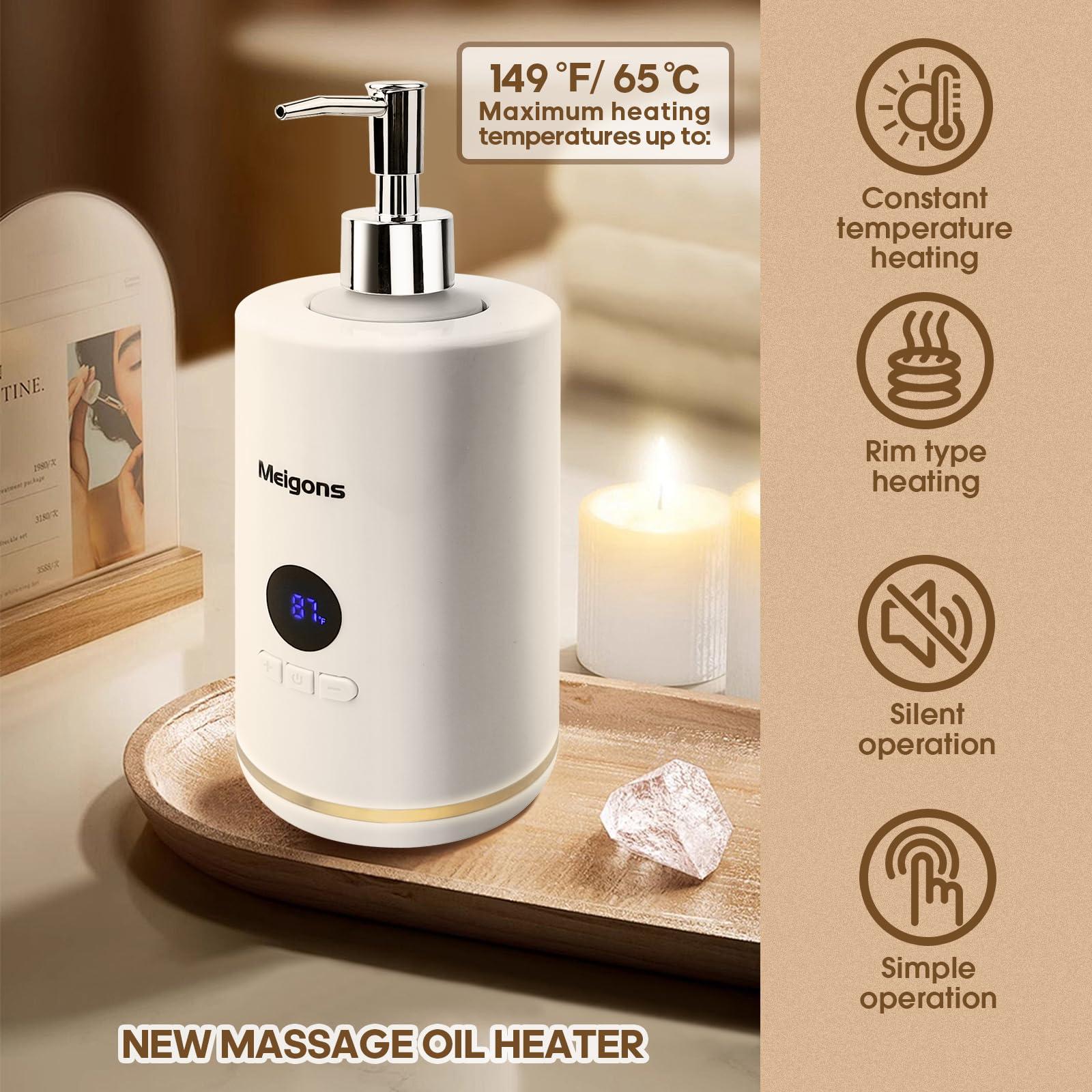 Meigons Oil Warmer for Massage, Massage Oil Warmer, Body Oils Heater for Spa, Salon and Barber Shops, with Two Oil Bottle Dispenser, Constant Temperature (White)