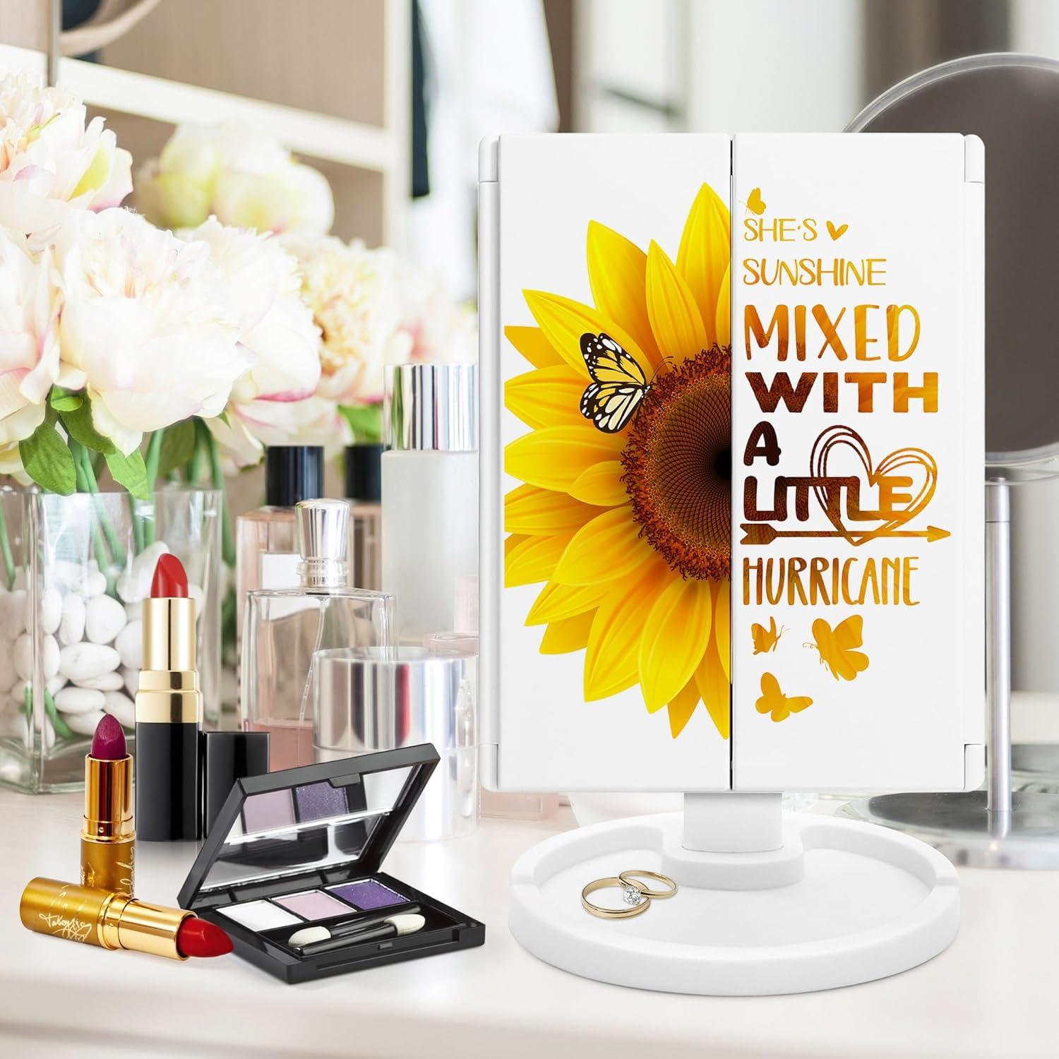 Hexagram Hexagram Sunflower Gifts for Women, Sunflower Birthday Gifts for Girl Lover, Sunflower Makeup Mirror with Lights, Sunflower Flower Butterfly Decor Gifts Mothers Day Christmas