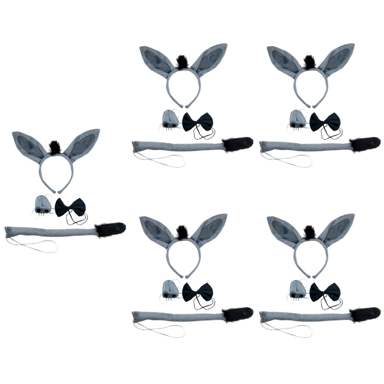 Ipetboom Ipetboom 5 Sets of 4 Pcs Donkey Costume Accessory Set, Donkey Ears Headband Tail Nose and BowTie for Halloween, Animal Birthday Party, Christmas, Cosplay Dress Up Party Decorations