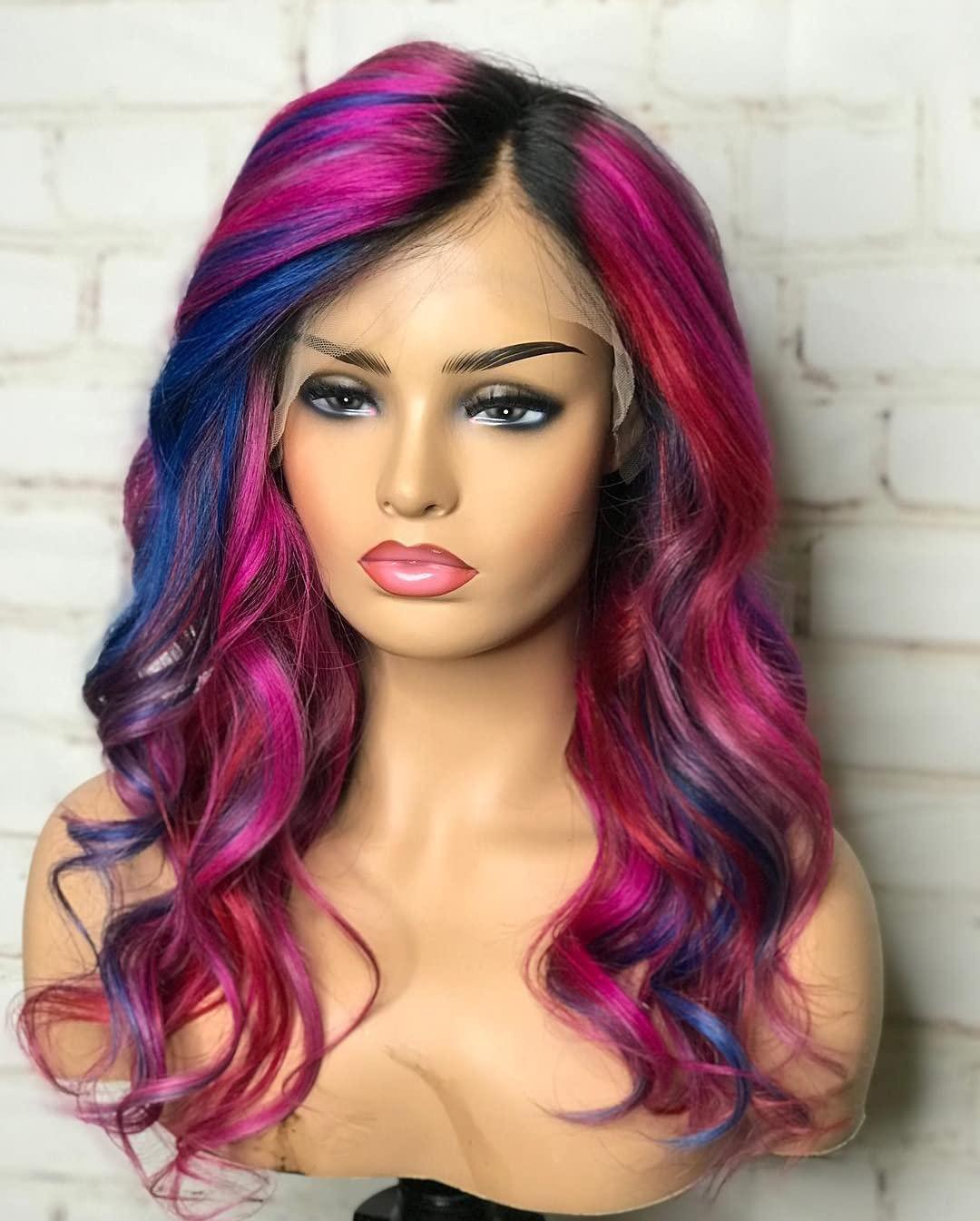 HAOKE Highlight Blue Purple Wig Body Wave Lace Front Wig Colorful Wigs Pre Plucked Bleached Knots Lace Front Wig Glueless Human Hair Wigs For Black Women(20inch, Highlight Blue Purple)