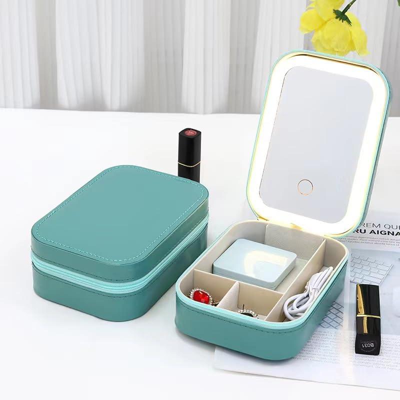 AZUNGME AZUNGME LED Three-Color Adjustable Makeup Mirror, Rechargeable Lighted Makeup Mirror, LED Vanity Mirror Jewelry Box, Portable Cosmetics Case, Travel Makeup Bag with LED Mirror(Green)