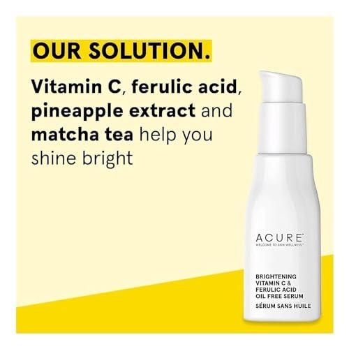 Acure ACURE Face Brightening Vitamin C & Ferulic Acid Serum - Day & Night Oil Free Glowing Facial Serum - Vitamin C, Ferulic Acid & Pineapple Extract For Natural Brighter Look - for All Skin Types 1 fl oz