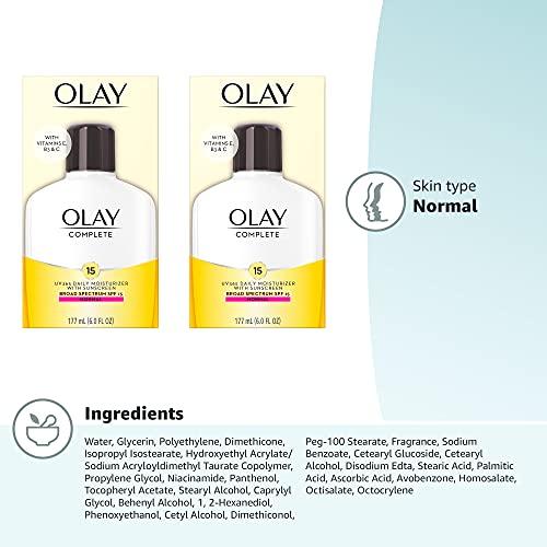 Olay Olay Face Moisturizer Complete Lotion All Day Daily Facial Moisturizing Lotion SPF 15 for Normal Skin and Hydration, Oil-Free Non-Greasy, 6 Fl Oz (Pack of 2)