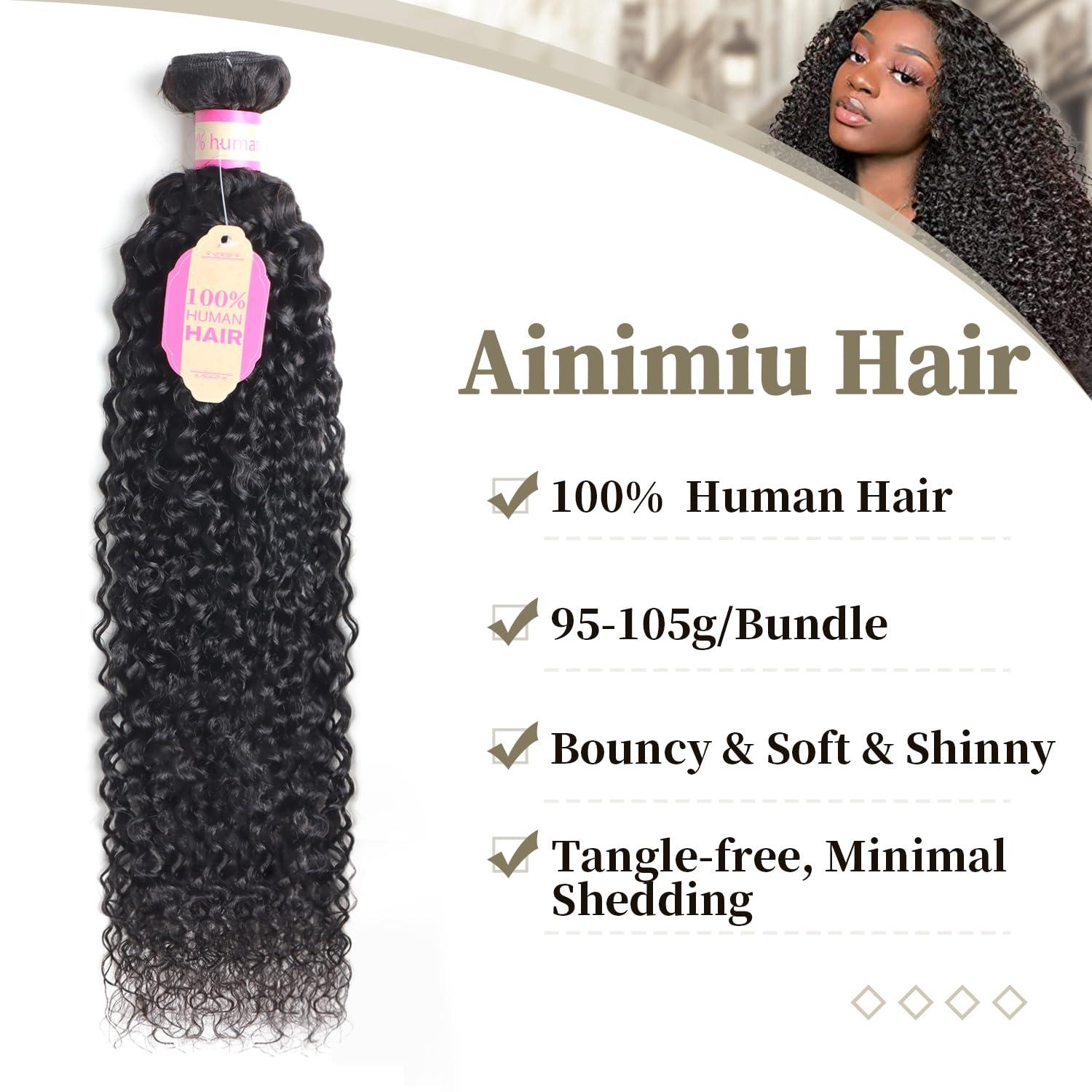 Ainimiu Curly Wave Human Hair 4 Bundles Brazilian Raw Virgin Hair Weave Bundles Jerry Curly Wet And Wavy 12A Grade Long Unprocessed Human Hair Extensions Natural Black 20 22 24 26 inch 100g/pc