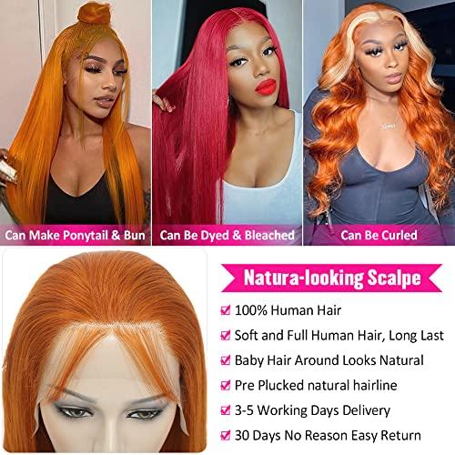 Hermosa Hermosa 13x4 Ginger Orange Straight Lace Front Wigs Human Hair Pre Plucked 180 Density Glueless HD Transparent Lace Frontal Human Hair Wigs for Women 28 inch