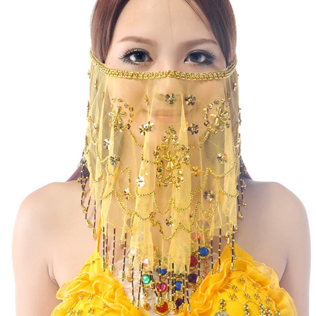 Baisdan Baisdan Womens Face Veils Belly Dance Costumes Womens Mesh Face Veil with Beaded Halloween Costume Accessory 1 (One Size, Yellow)