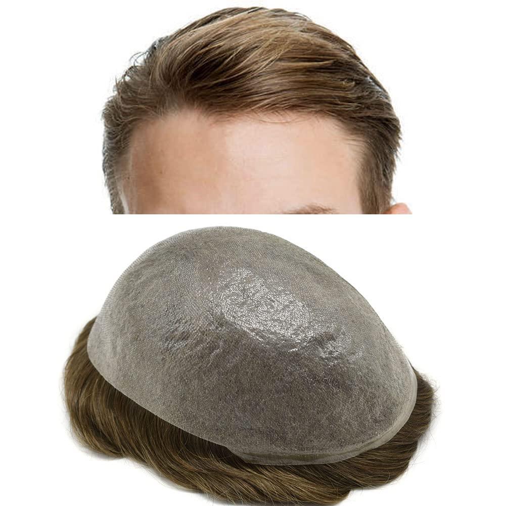 F M FACE MIRACLE NEW YORK Mens Toupee Hairpiece Natural Hairline V-Looped Invisible Ultra Thin Skin Full Poly Pu Human Hair Replacement System Wig FACE MIRACLE (8 * 10, 530 5# MEDIUM LIGHT BROWN WITH 30% SYNTHETIC GREY)