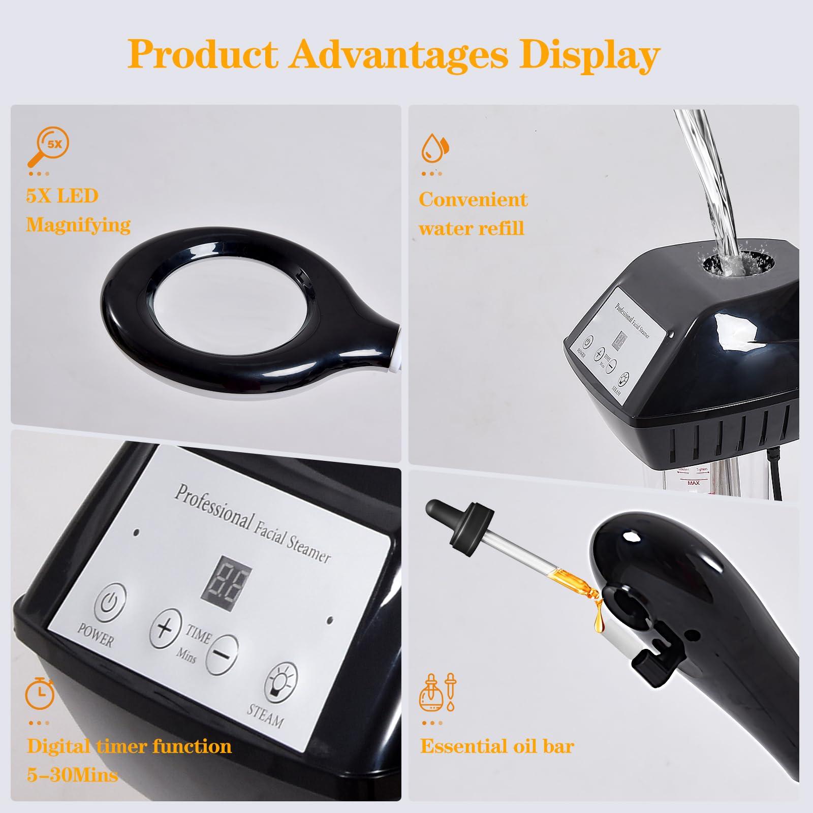 lailelaodi Facial Steamer Professional, 2 in 1 Ozone Facial Steamer on Wheels, with 5X Magnifying Lamp, Facial Steamer with Time Setting, Stand Facial Steamer Adjustable Height for Spa, Salon and at Home use