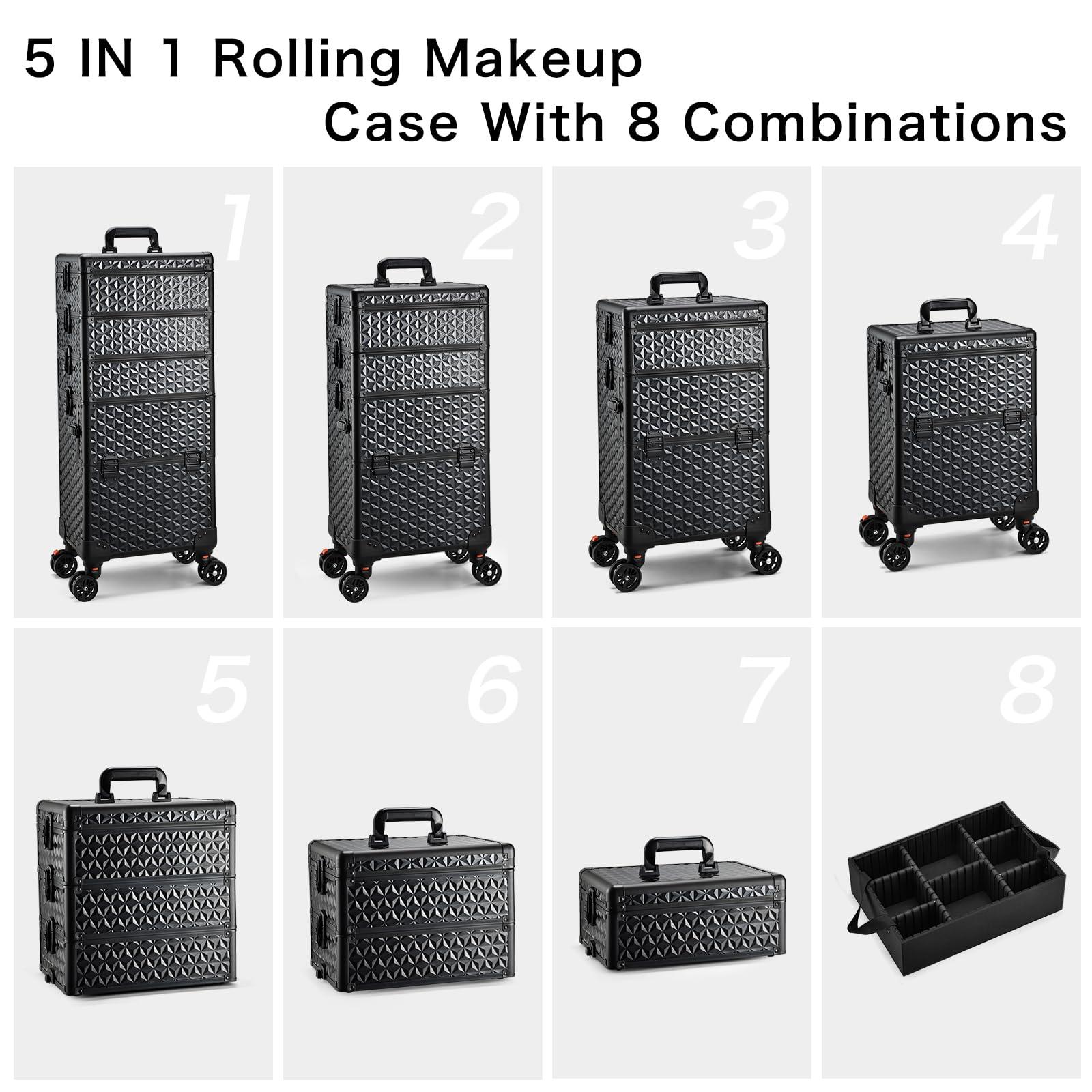 Yueieoun Yueieoun 5 in 1 Professional Makeup Train Case on Wheels, Extra Large Cosmetic Case Aluminum Rolling Makeup Case Trolley Makeup Travel Organizer with 360 Swivel Wheels, Black