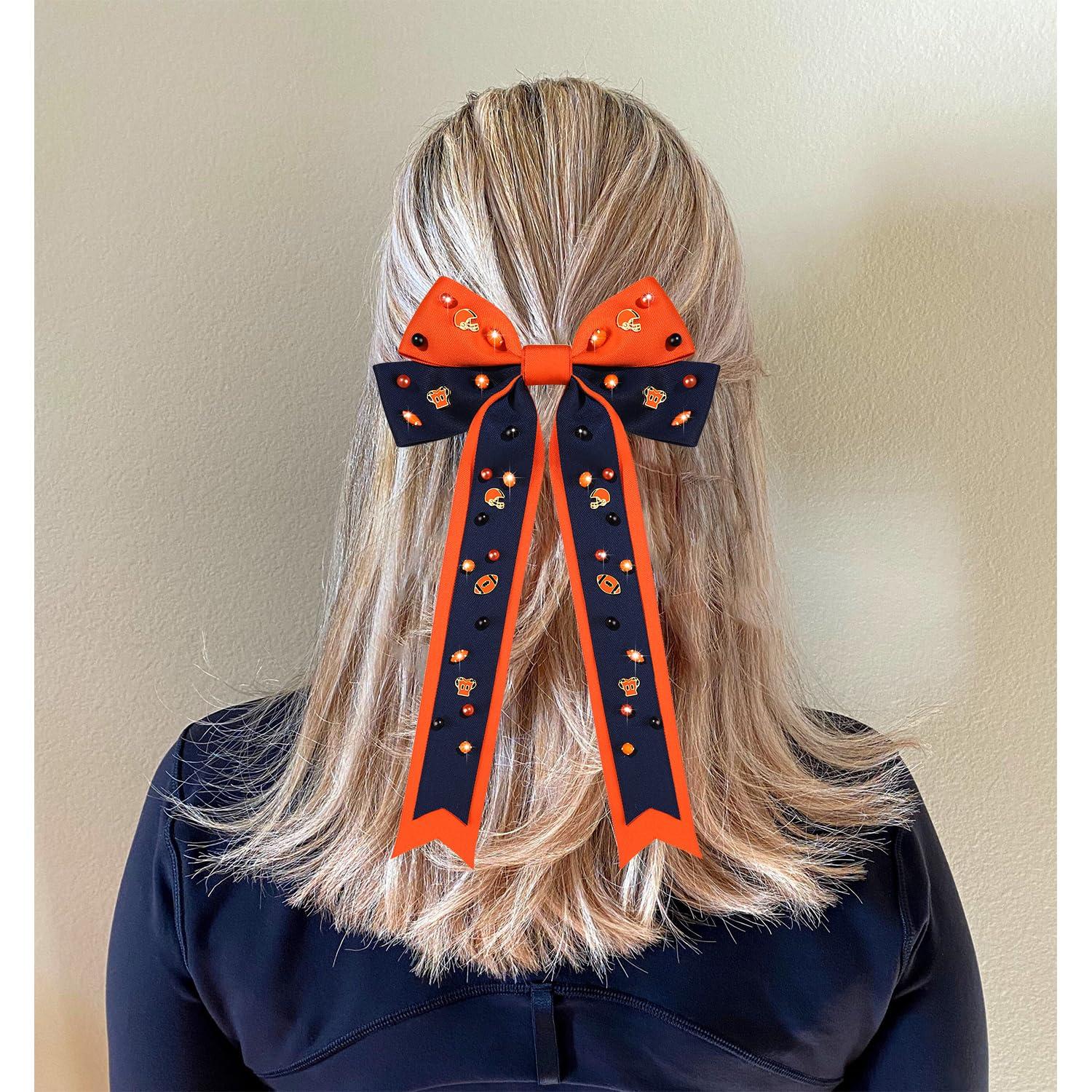 mokkia Game Day Hair Bows for Women Football Hair Bows Clips Silky Satin Sport Race Game Day Hair Ribbons Game Day Football Accessories Outfits Orange Spirit Day Accessories Gifts (Pattern F)