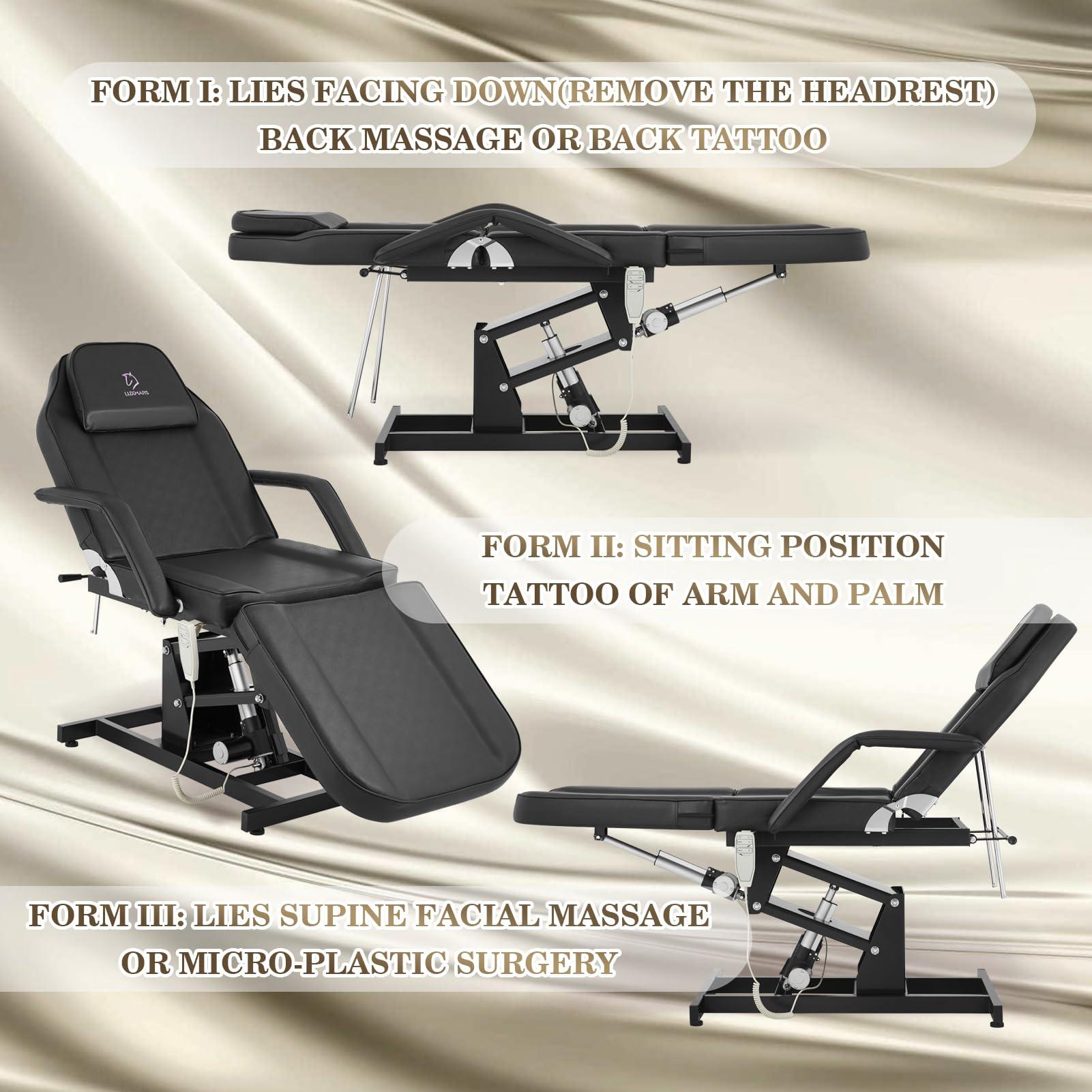 LUXMARS LUXMARS Facial Chair Electric Height Adjustable Tattoo Chair Electric Adjustable Angle Lash Bed with Hydraulic Stool for Eyelash Extensions Massage Chair Black