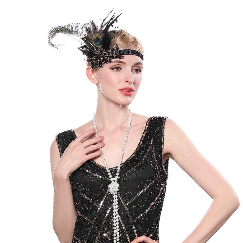 Aimimier Aimimier 1920s Flapper Peacock Feather Headband Beaded Sequined Costume Headpiece with Elastic Band Carnival Party Showgirl Roaring Hair Jewelry
