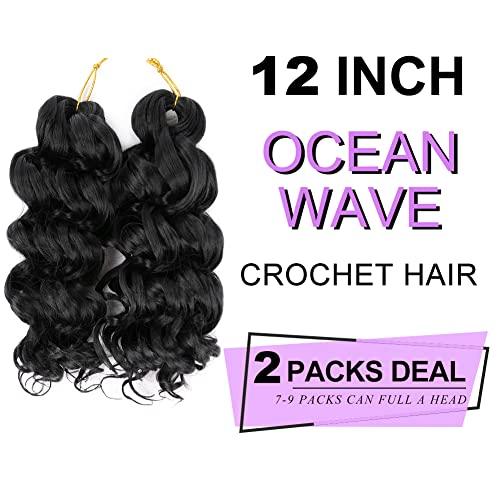 Mtmei hair Mtmei Hair Ocean Wave Crochet Hair 12 Inch 2 Packs Nature Black Deep Wave Crochet hair Deep Curly Twist Braids Water Wavy Synthetic Braiding Hair Extensions for Black Women #1B (12 Inch,2 Packs)