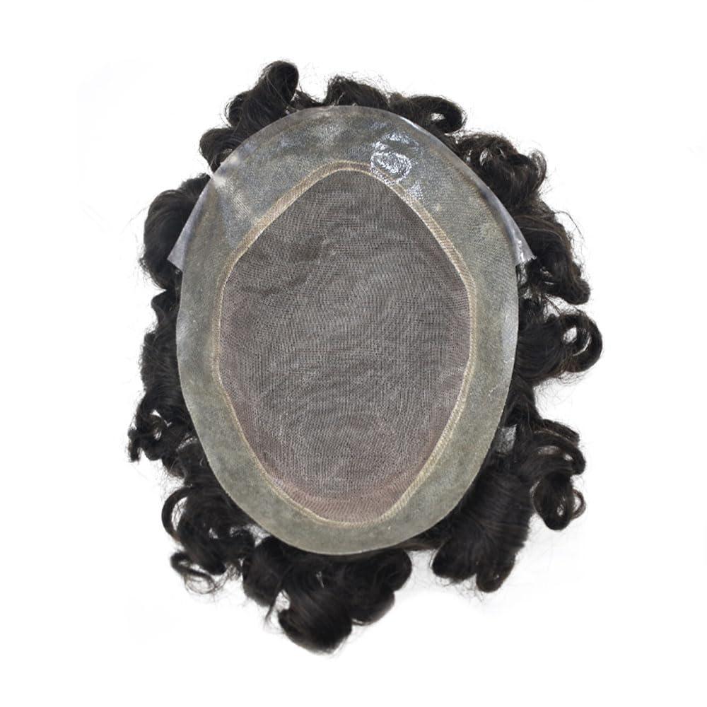 Generic Mens Curly Hair Toupee Wavy Human Hair Pieces For Men Fine Mono Toupee Curly Hair System For Men Hairpieces Protesis Capilar Para Hombre 8X10#1B Off Black 25MM Curl