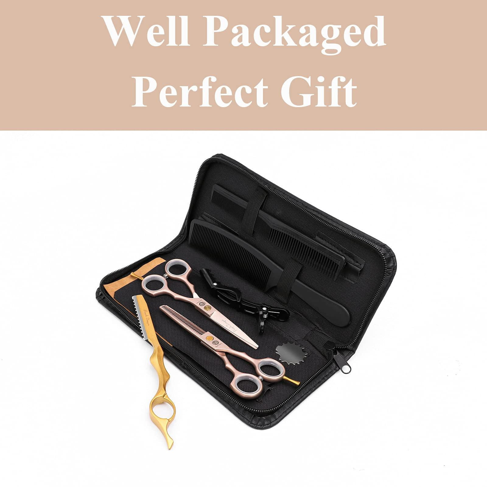 Purple Dragon Purple Dragon 5.5 inch Hair Cutting Scissors Set with Razor, Leather Scissors Case, Barber Hair Cutting Shears Hair Thinning/Texturizing Shears for Professional Hairdresser or Home Use (Rose Gold)